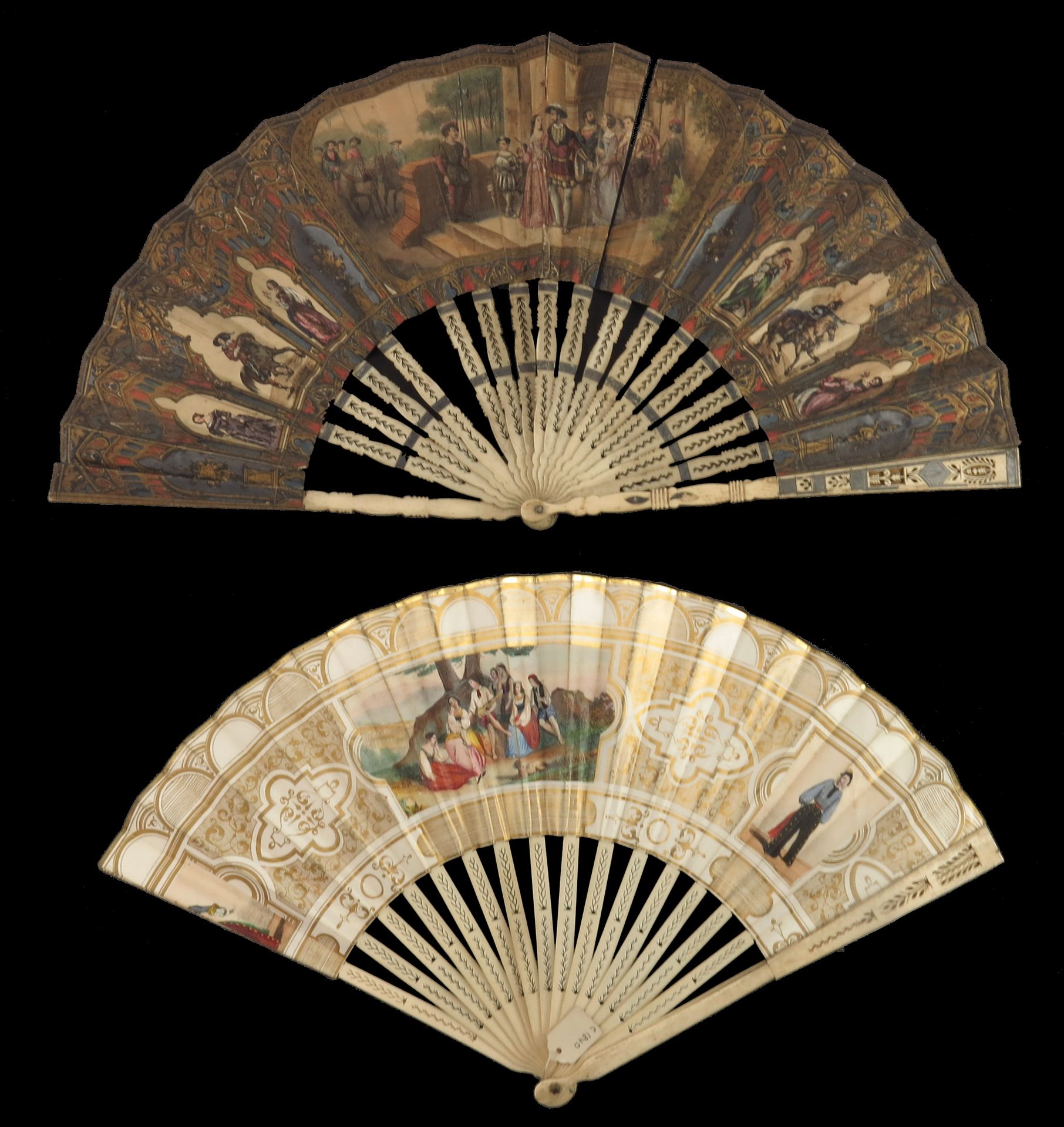 Null Two mid-19th century bone fans, both lithographed, the first featuring a mu&hellip;