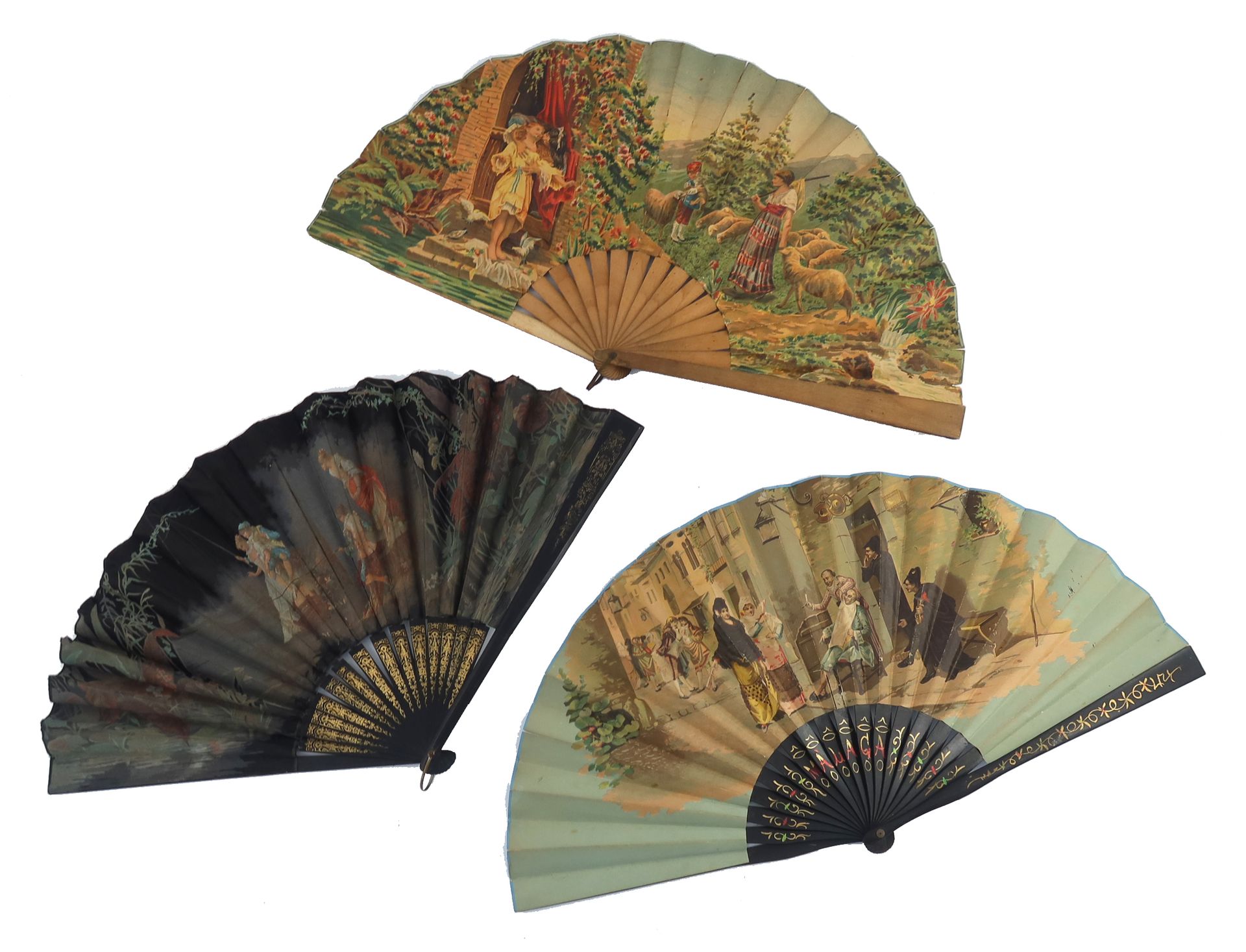Null Three large pictorial fans from the 1890’s, the first printed on black silk&hellip;