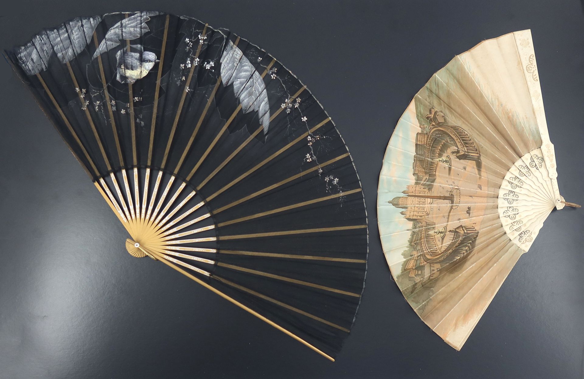 Null A c 1870’s fan with bone monture and fabric leaf printed with a scene of St&hellip;