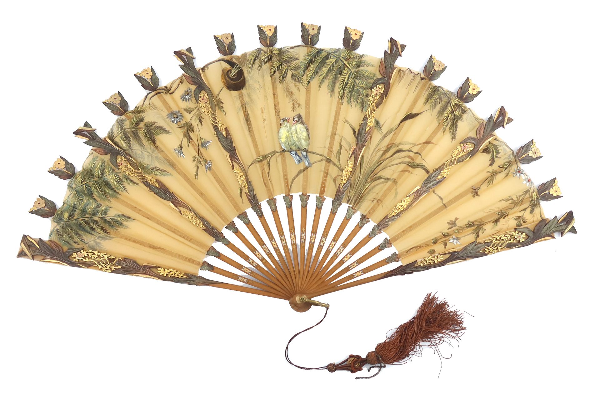 Null Circa 1890’s, a large decorative wood fan, the gorge plain, the guards carv&hellip;