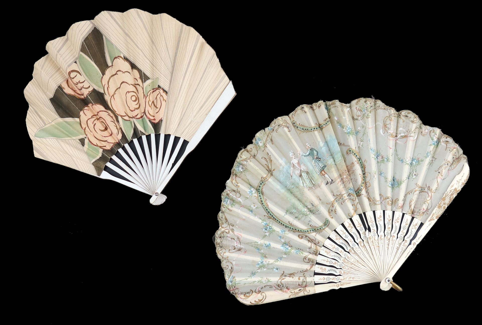 Null Two early 20th century fans of ballon form, the first with a cream silk lea&hellip;