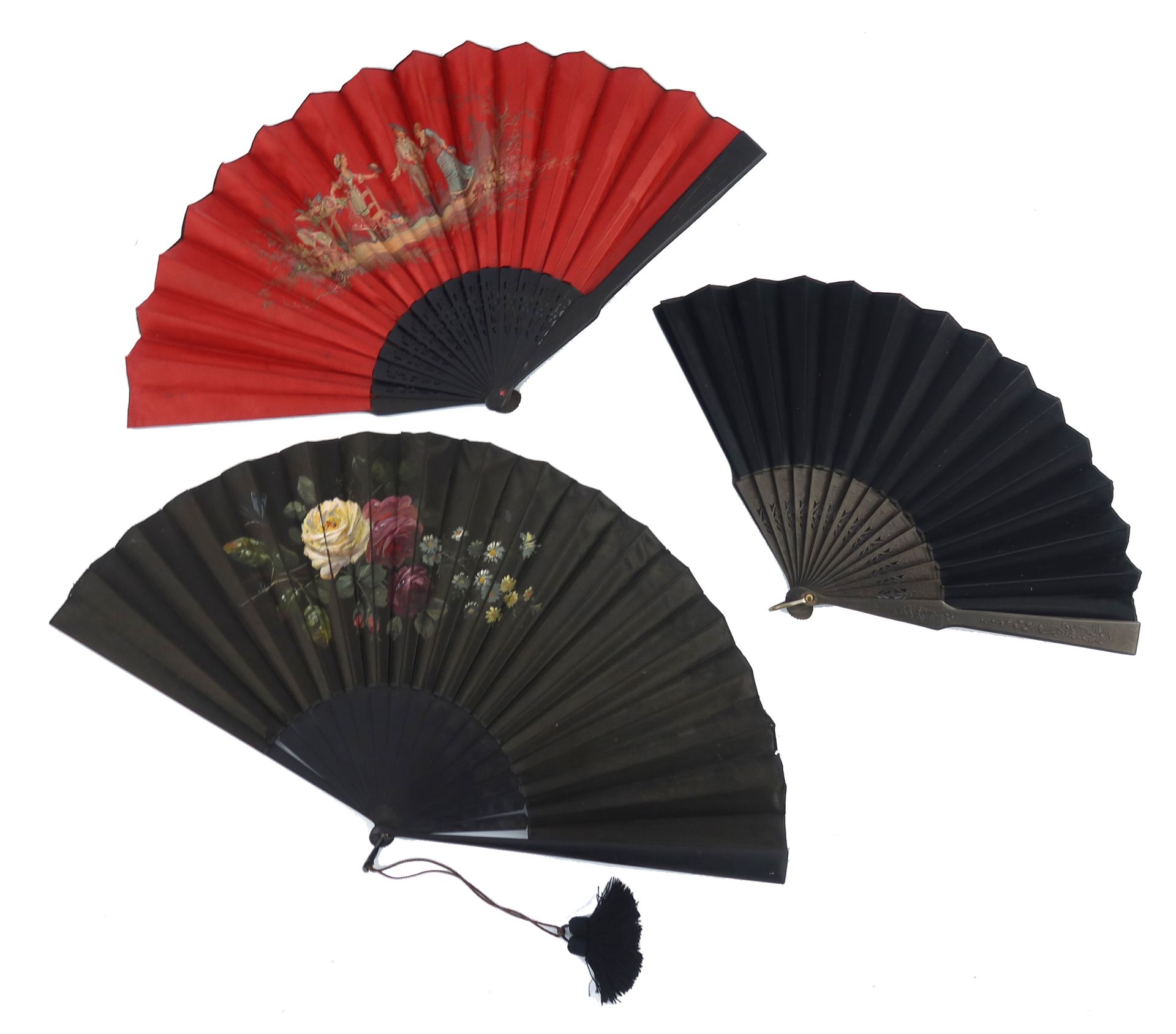 Null Three large fans c 1890 – 1900, the first with red glazed cotton leaf mount&hellip;