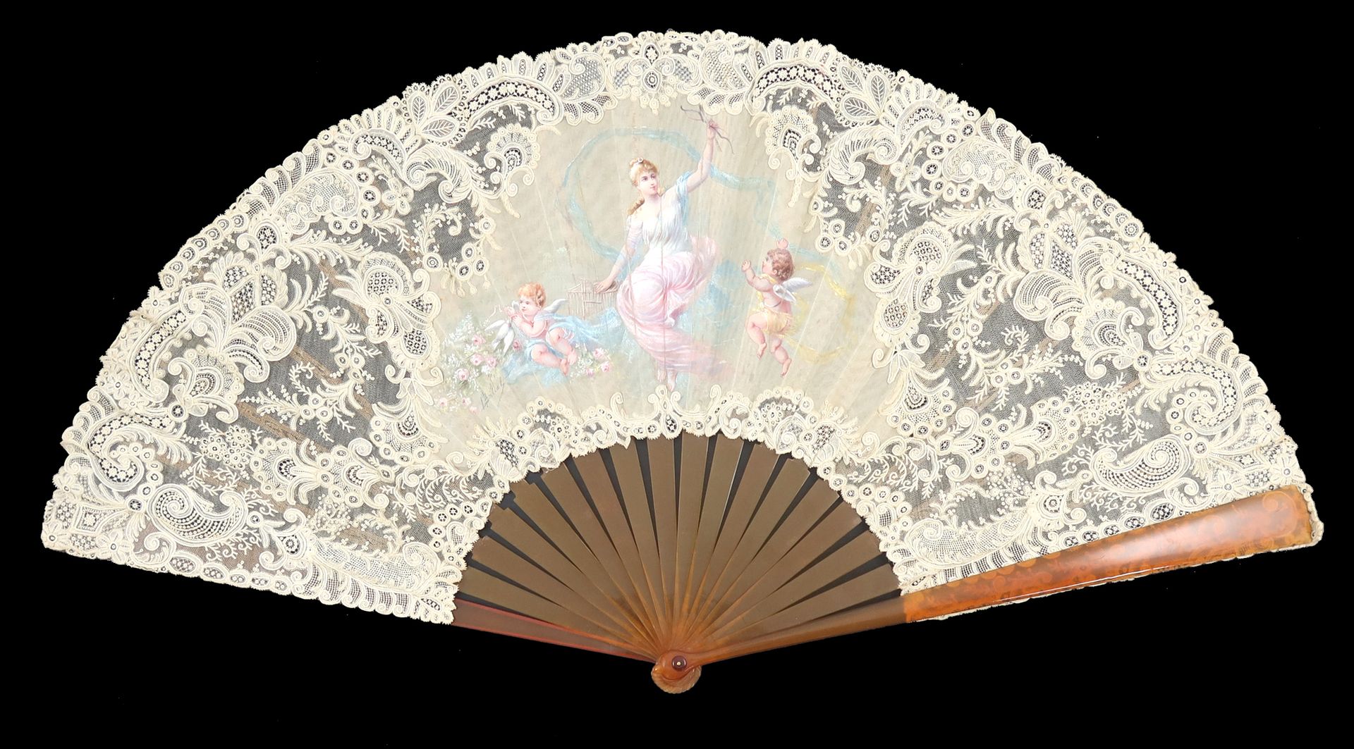 Null An exquisite, large, Brussels Point de Gaze needle lace fan mounted on blon&hellip;