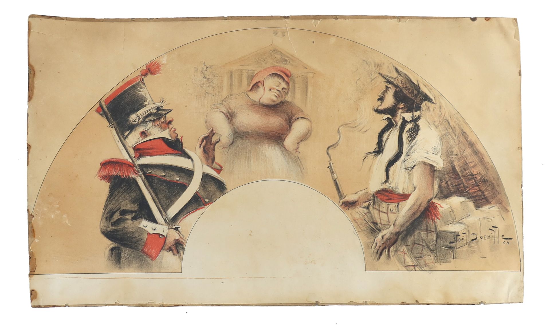 Null 一幅未装裱和未使用的军事题材的扇面，很有G. Redon的风格，但有他同时代的Noel Dorville的签名，日期是04年，画的是一个相当大的法国国&hellip;