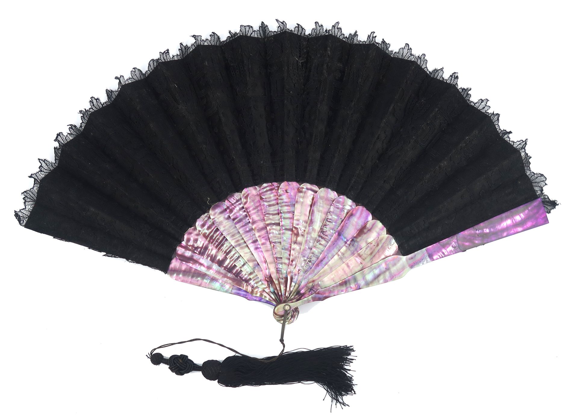 Null A c 1870’s black lace fan mounted on Mother of Pearl dyed a vibrant purple,&hellip;