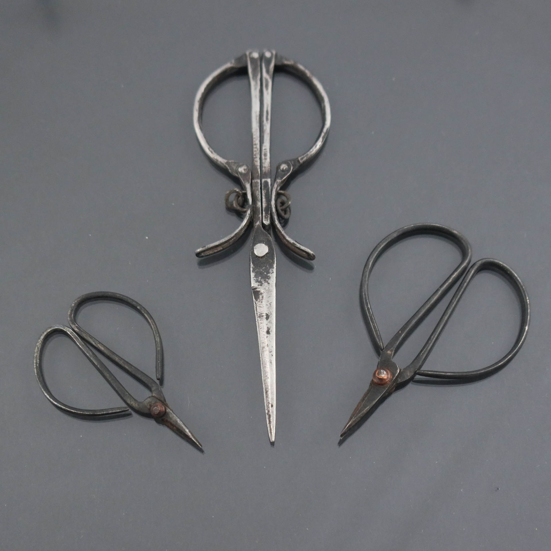 Null Antique Scissors: Three early pairs, in increasing sizes, the first two qui&hellip;