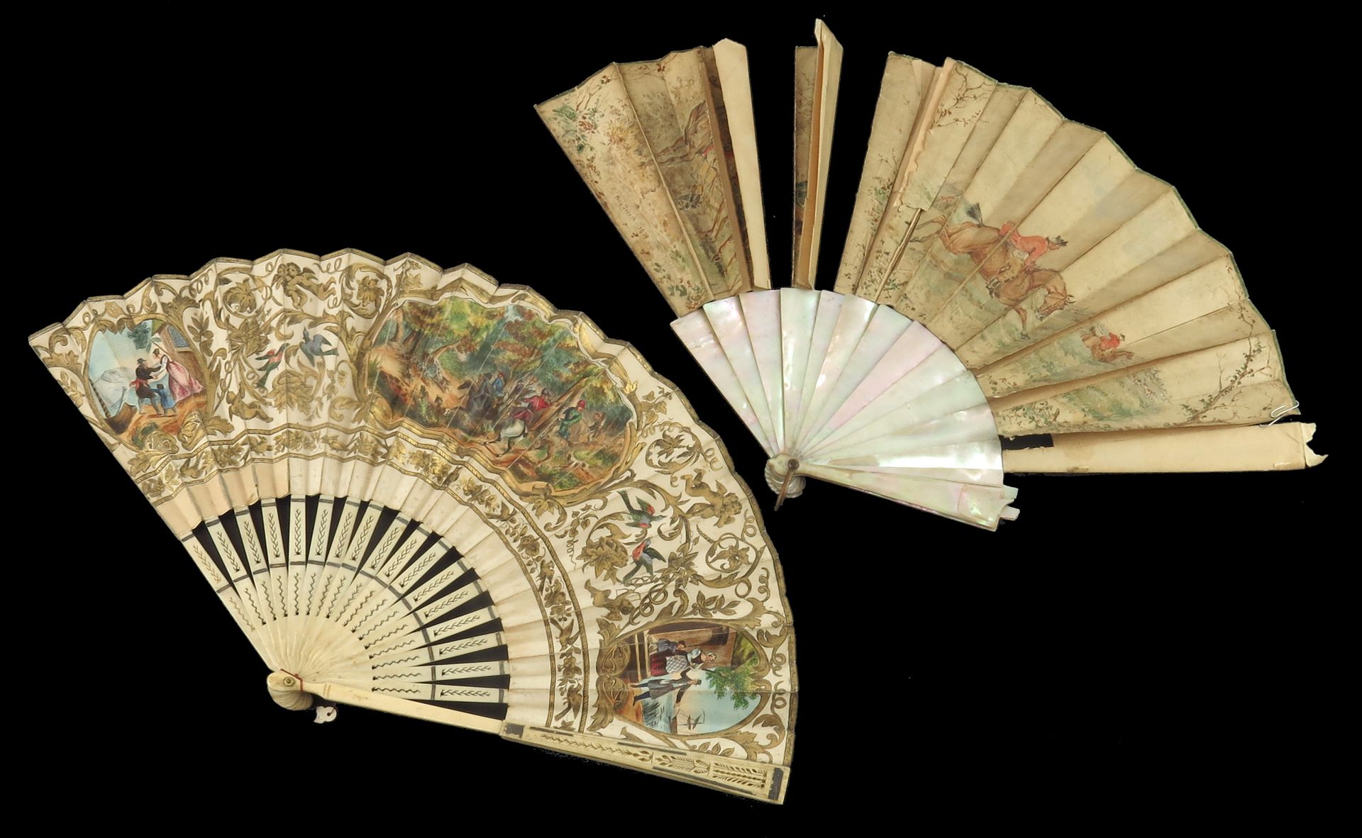 Null Two 19th century fans showing hunting scenes, the first mid-19th century, w&hellip;