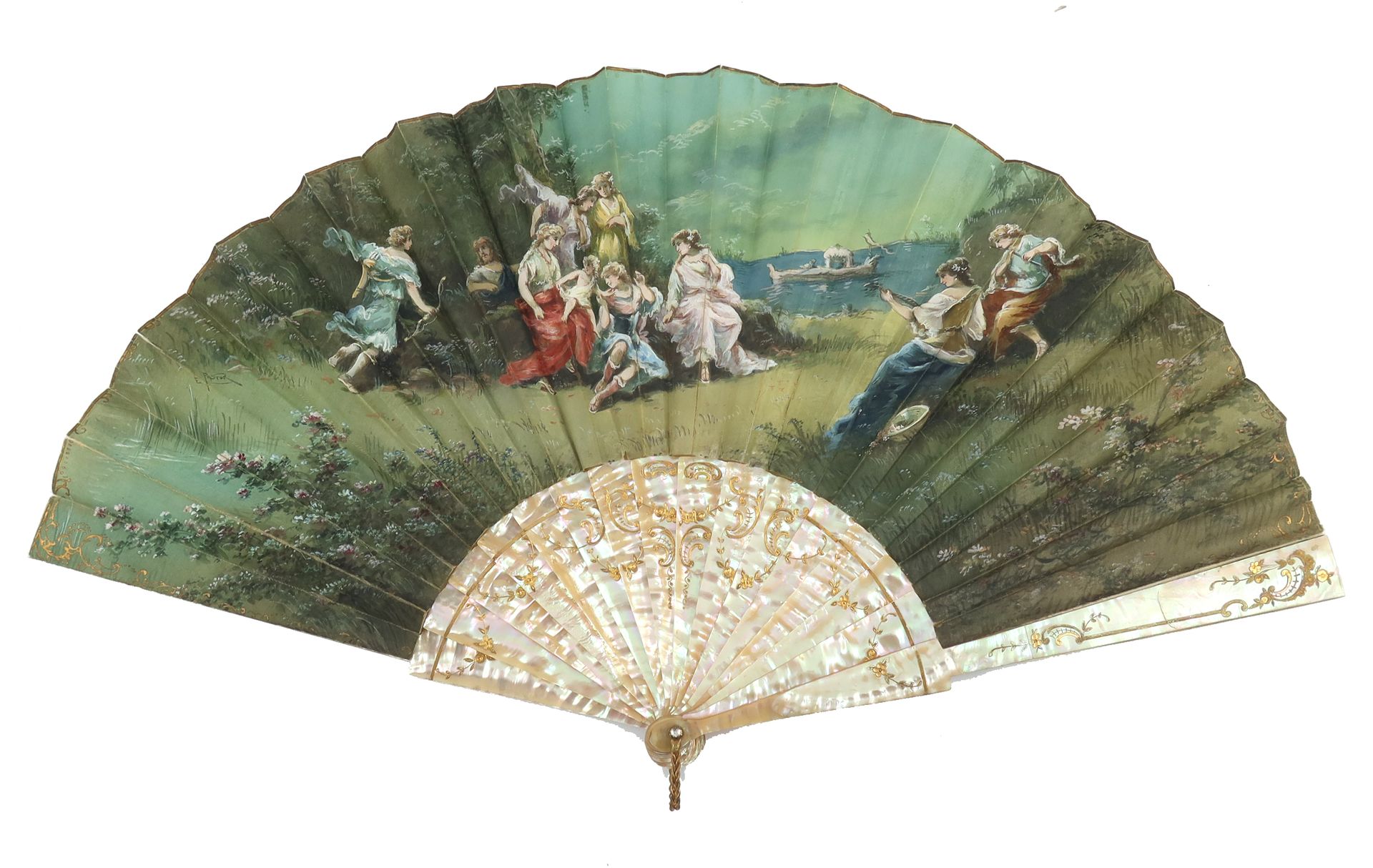 Null A last quarter 19th century painted fan, the double silk leaf mounted on pi&hellip;