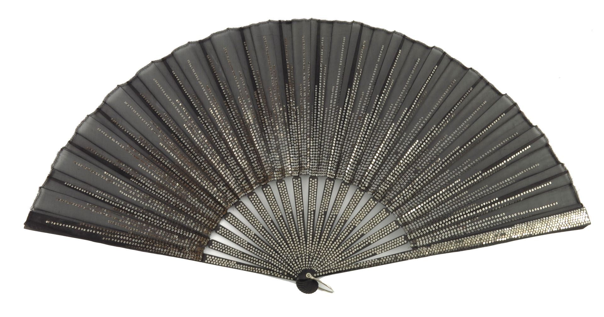 Null A large c 1890’s black gauze fan embroidered with shiny silver sequins in v&hellip;