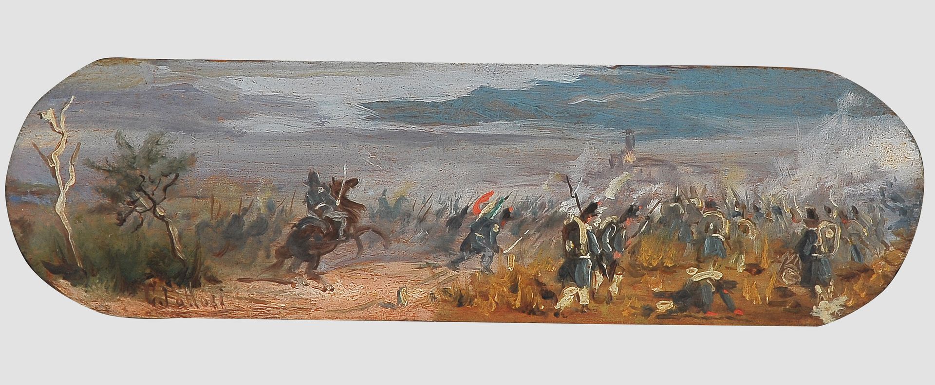 Null 乔瓦尼-法托里


利沃诺 1825 - 1905年 弗洛伦兹


巴塔利亚


木板上的油画


6,2 x 22,2 cm


有签名，左手边。