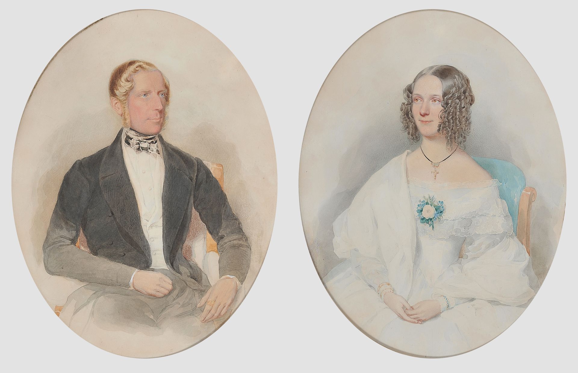 Null 阿尔伯特-蒂尔


约翰内斯堡 1815 - 1902 维也纳


一对家庭画像


纸上水彩画


装在原来的镀金比德梅尔画框中


女主人的画像在&hellip;