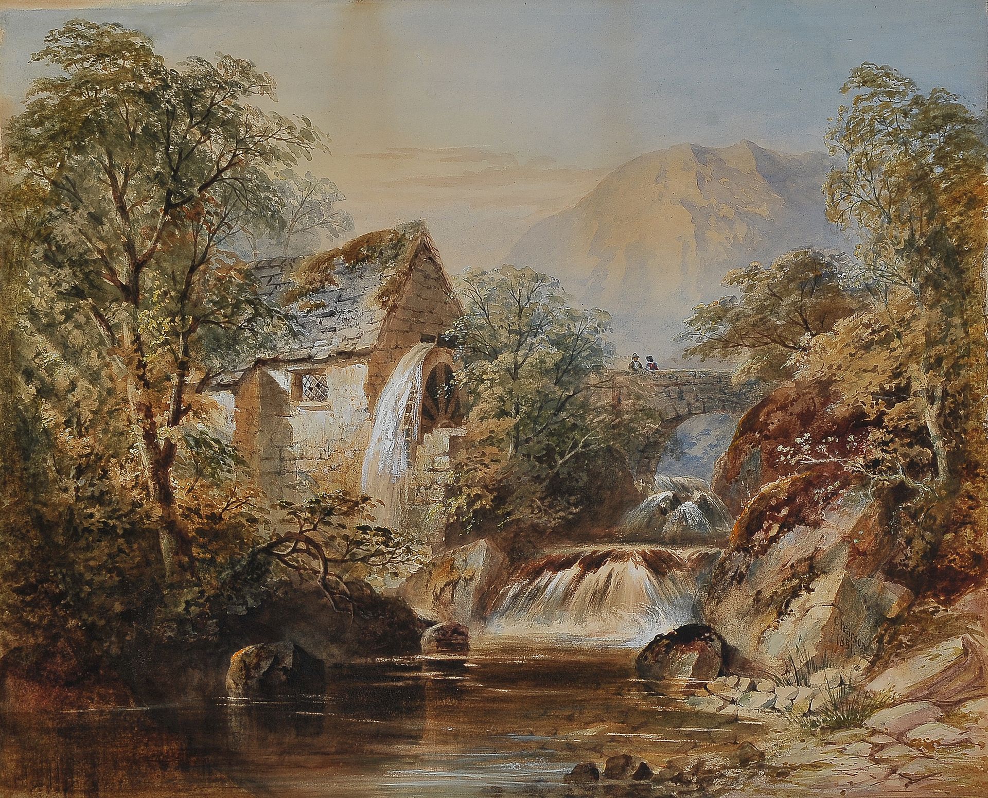 Null 科尼利厄斯-皮尔森


英格兰 1805 - 1891


坎伯兰附近的磨坊


纸上水彩画


36,5 x 45 cm


签名并注明日期：185&hellip;