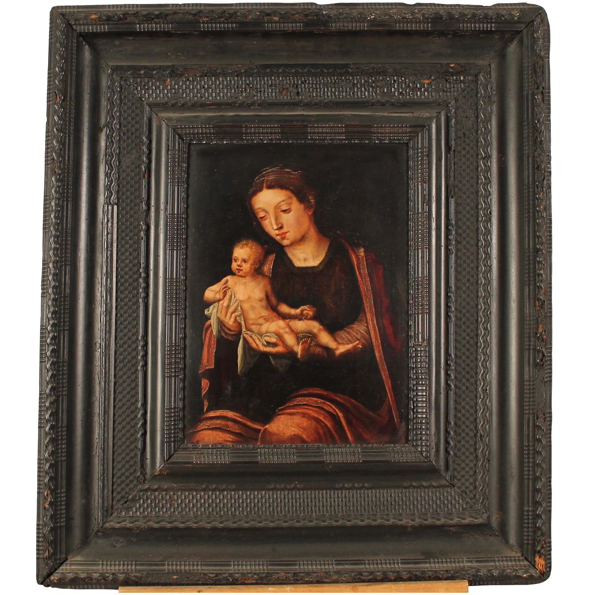 LA MADONNA COL BAMBINO-THE MADONNA WITH THE CHILD 雕花木质画框中的油画。20世纪。Cm 32x42
雕花木框中&hellip;