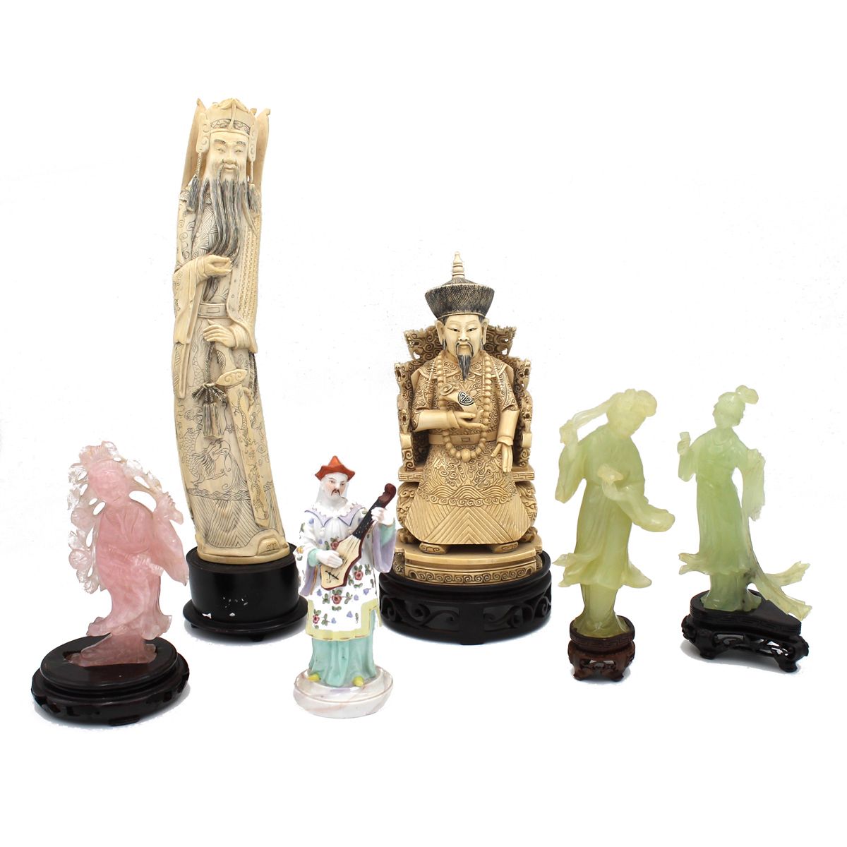 LOTTO DI SEI SCULTURE - LOT OF SIX SCULPTURES Two in carved ivory; two in jade; &hellip;