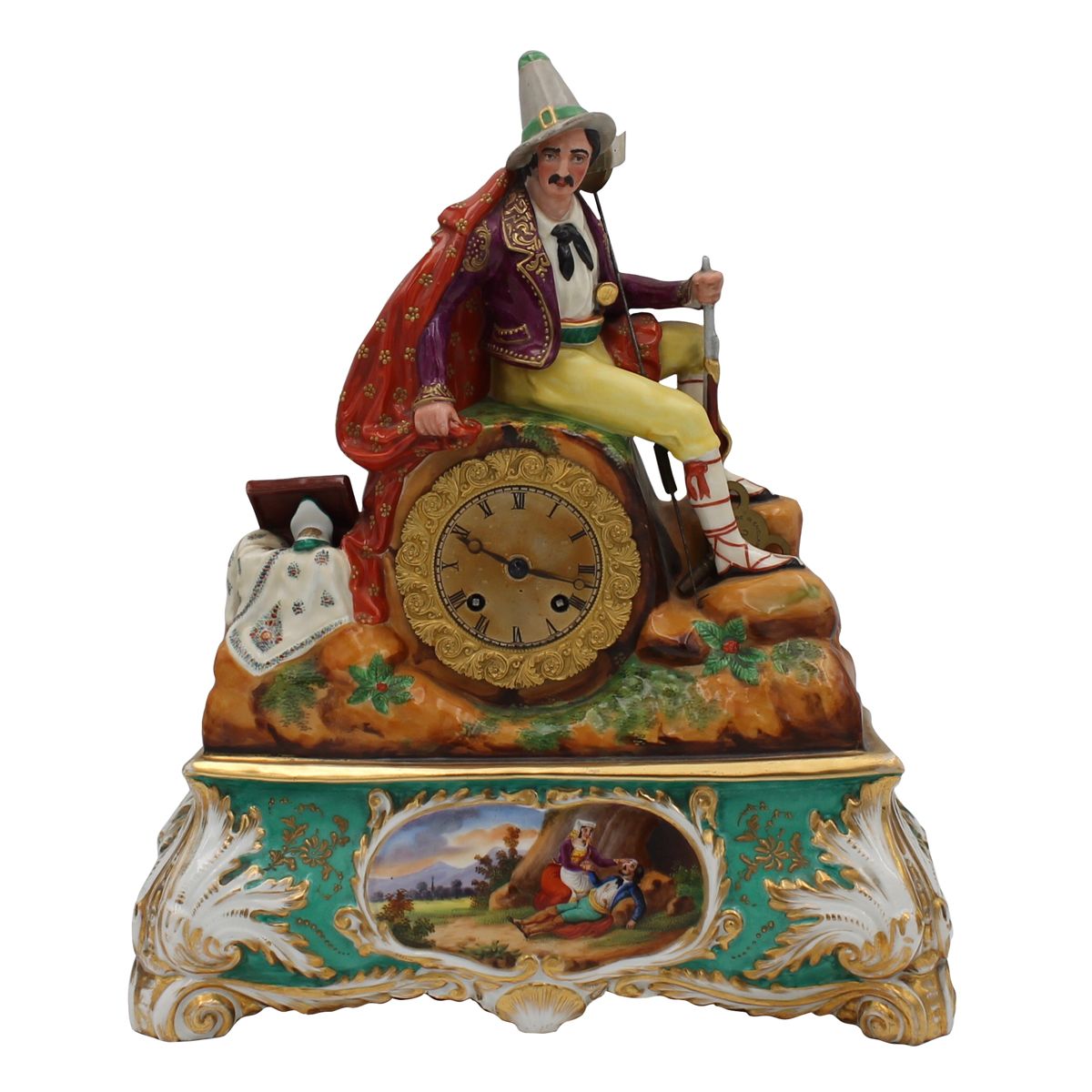 OROLOGIO DA TAVOLO - TABLE CLOCK 多彩瓷器，顶部有一个猎人的形象。法国。拿破仑三世时代。Cm 31 H 36
多彩瓷器，上半部分&hellip;