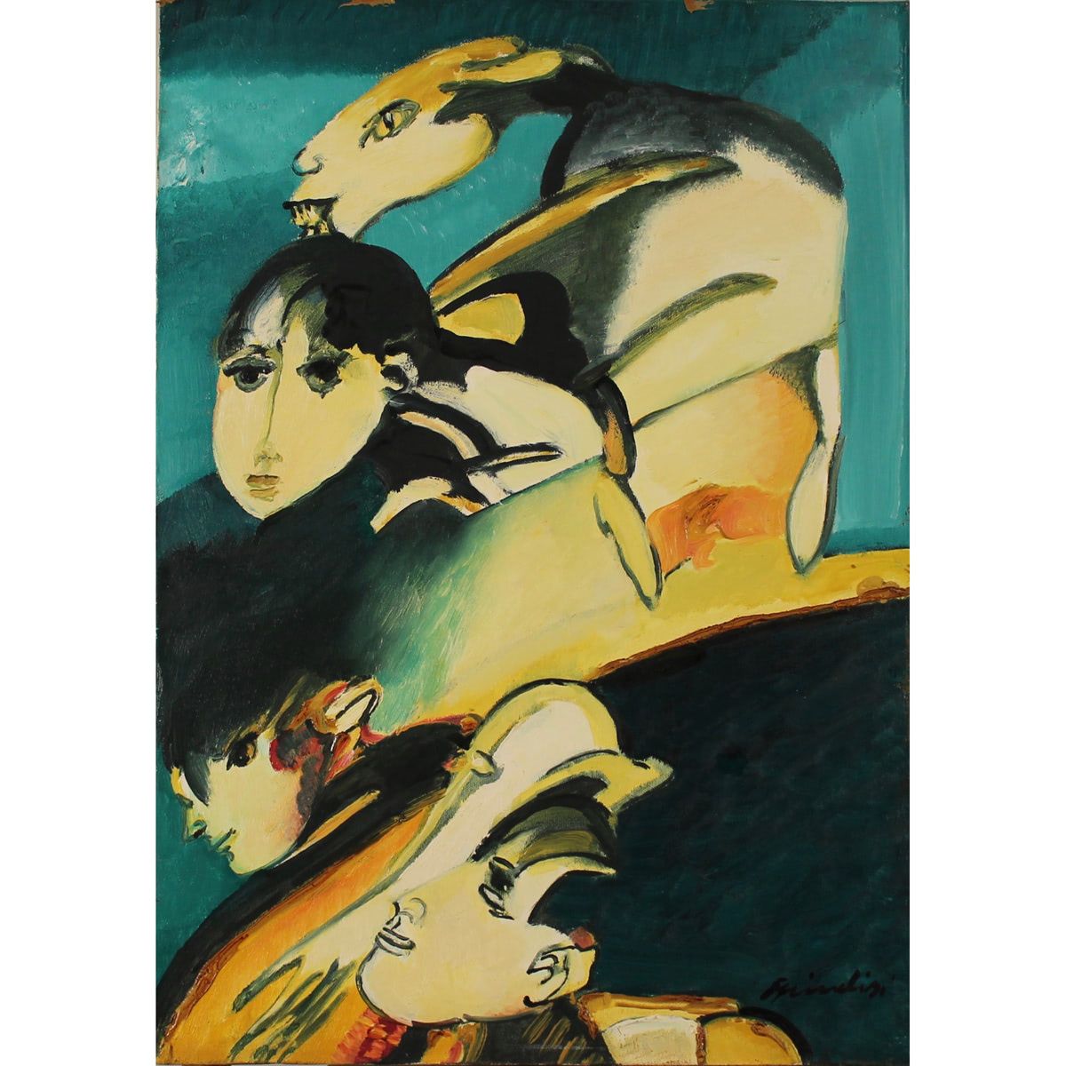 REMO BRINDISI (1918/1996) "Volti"-"Faces" 布面油画，带镀金框架。出处 帕拉梅特罗画廊，罗马。第127/85号命令。Cm&hellip;