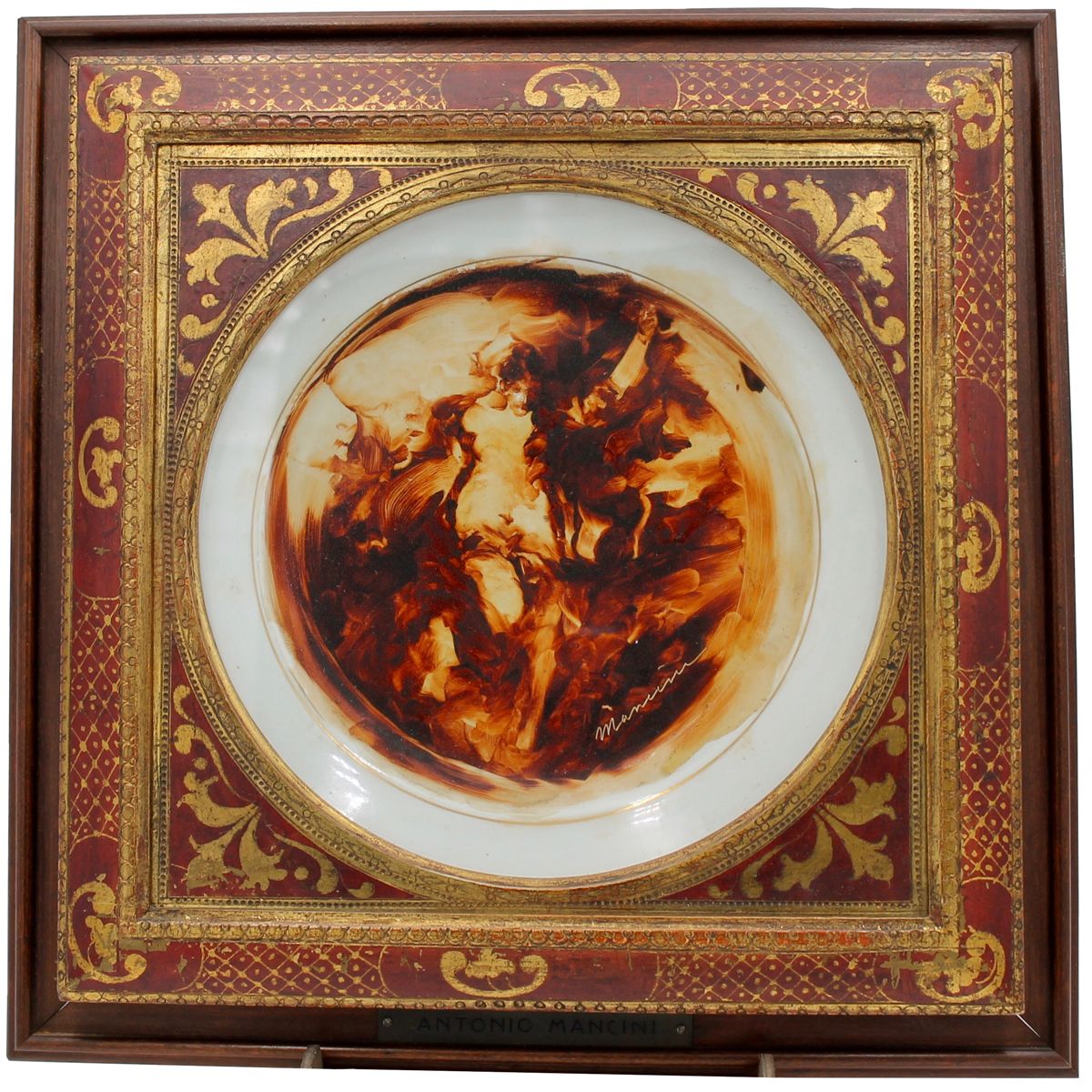 ANTONIO MANCINI (1852/1930) "Nudo di donna" - "Nude of a woman" 画在瓷盘上，插在雕刻和镀金的木箱&hellip;