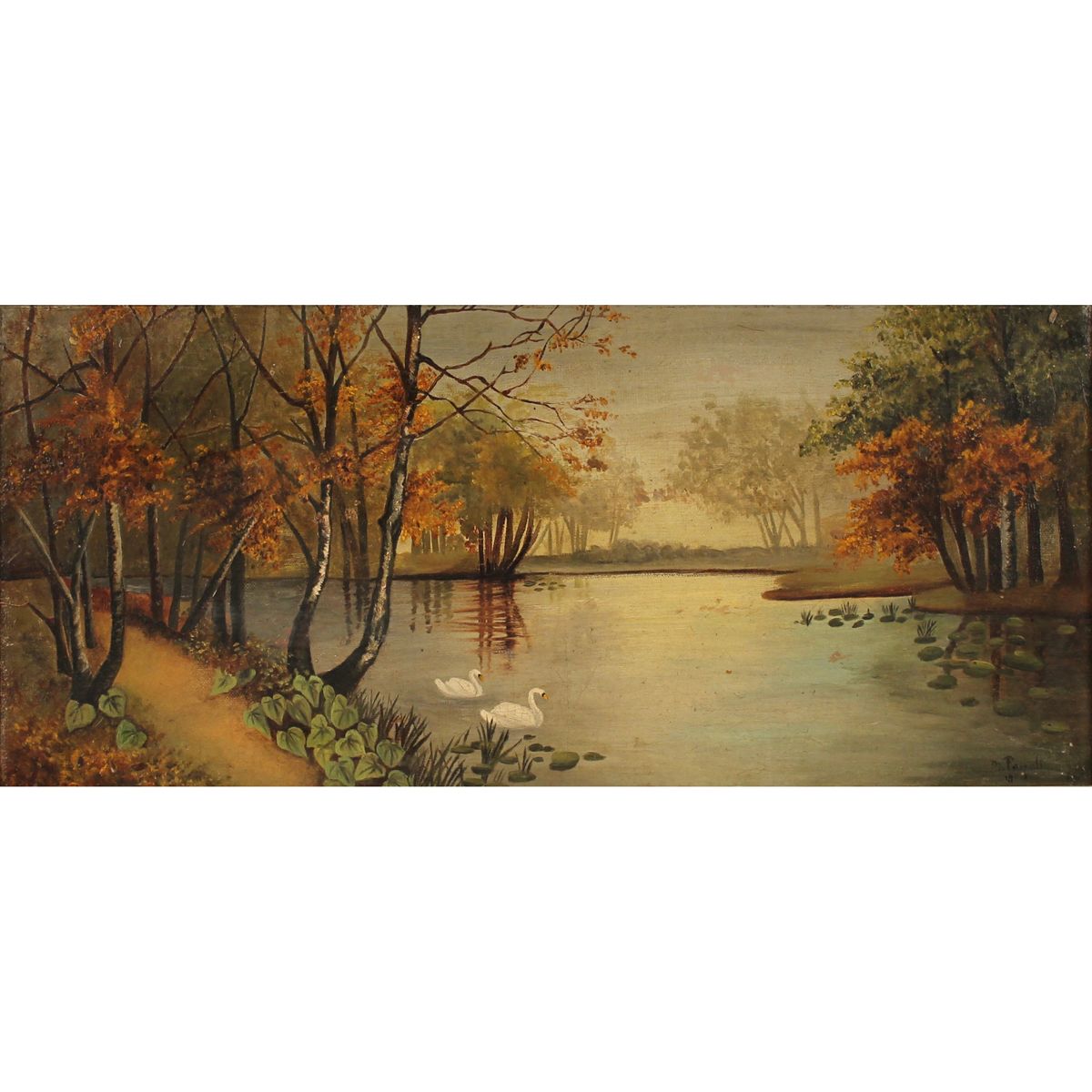 STAGNO CON CIGNI - POND WITH SWANS 布面油画，带画框。日期为1900年。签名不清楚。Cm 25.5x56
画框中的油画。日期为&hellip;