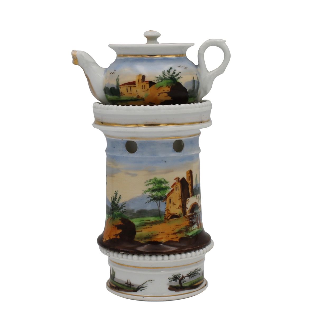 Veilleuse Antique porcelain gilded and decorated with landscapes and farmhouses.&hellip;