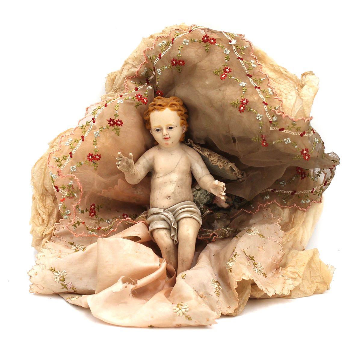 BAMBINELLO - JESUS BABY Polychromes Wachs mit Stoffwiege (Risse). Sizilien. 19. &hellip;