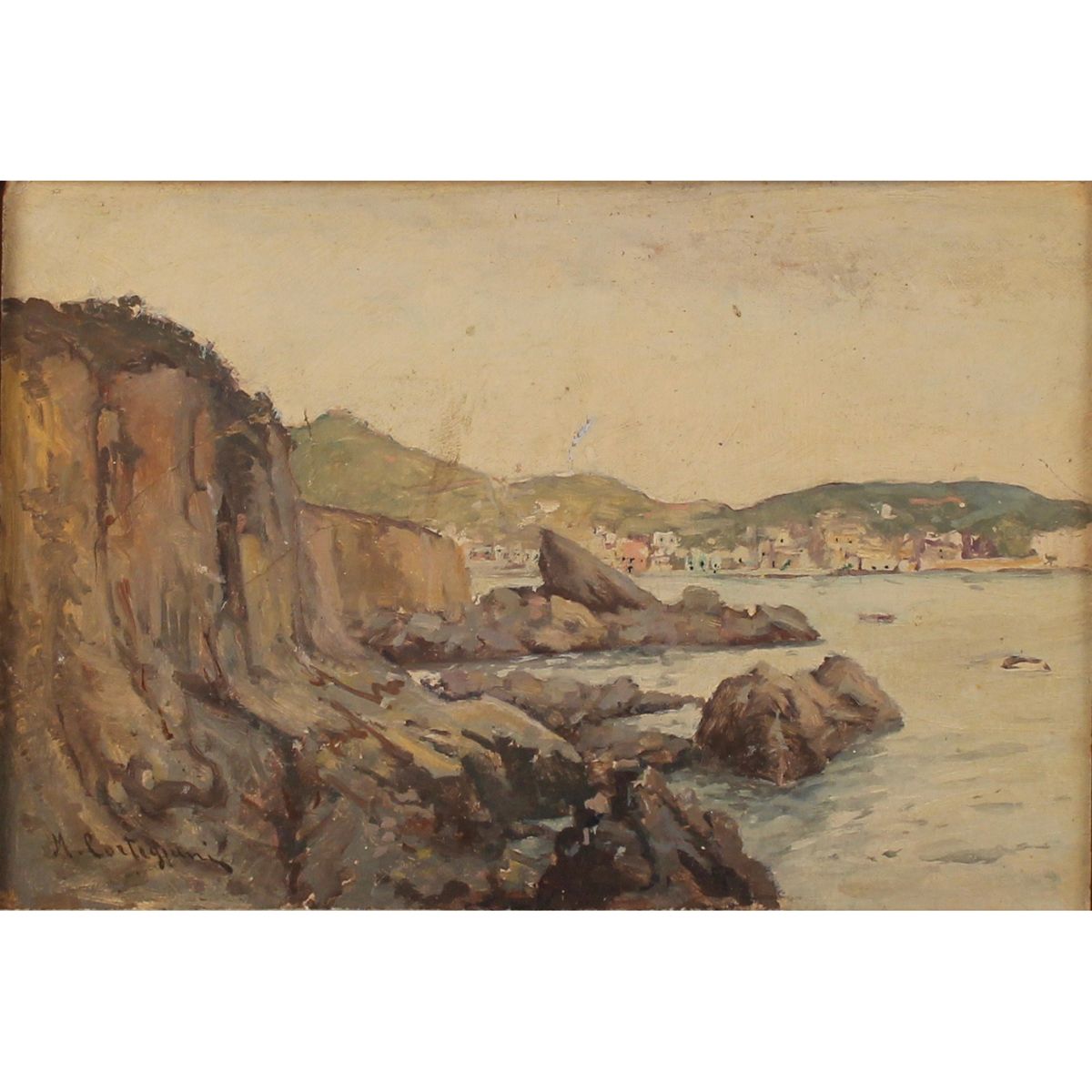 SCOGLIERA -CLIFF Oil painting on wood in gilded frame. Signed Michele Cortegiani&hellip;