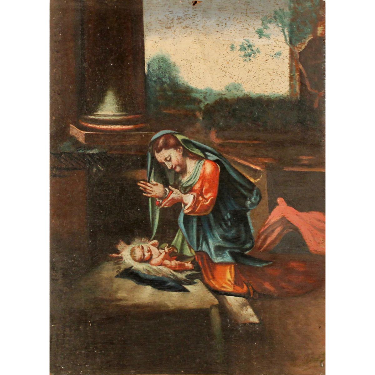 SCUOLA DEL ITALIA MERIDIONALE DEL SECOLO XIX "La Madonna con Bambino" 金色画框中的面板油画&hellip;