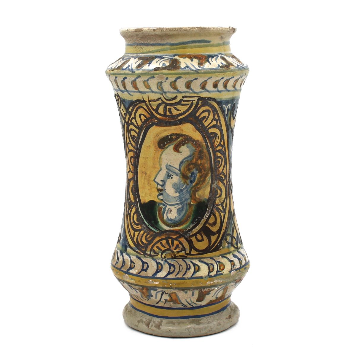 Albarello Majolique polychrome ancienne décorée au recto d'un médaillon central &hellip;