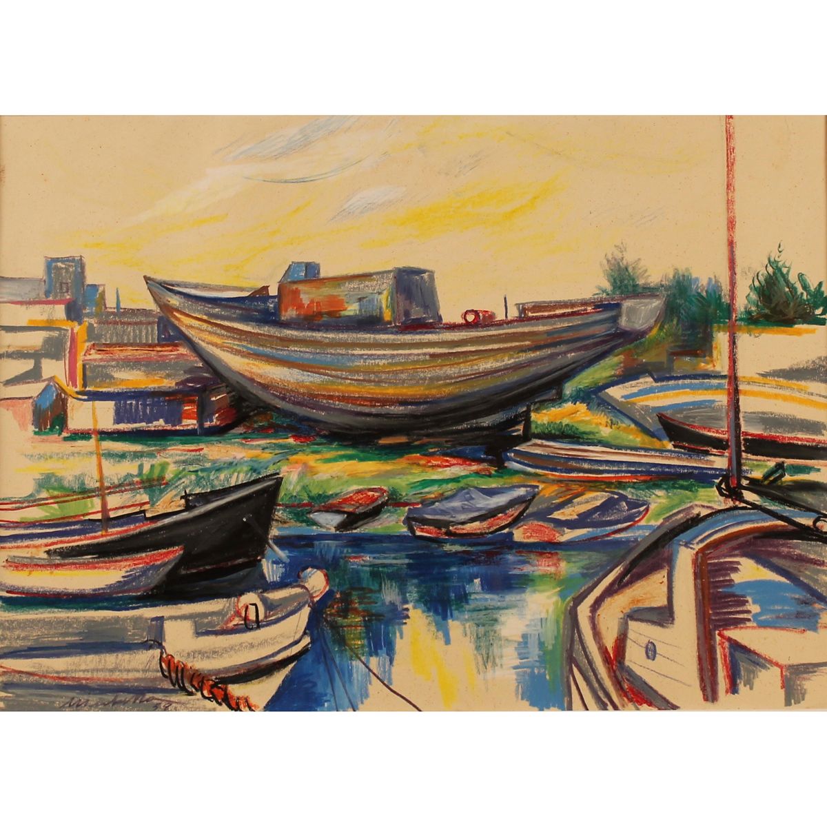 SARO MIRABELLA (1914/1972) "Barche a secco" - "Dry boats" 纸上粉笔画。日期为58年。Cm 50x70
&hellip;