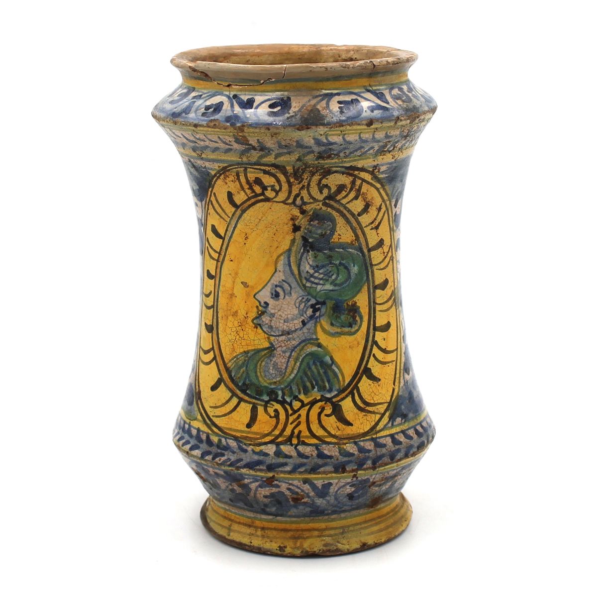 Albarello Ancient polychrome majolica decorated on the front with a central meda&hellip;