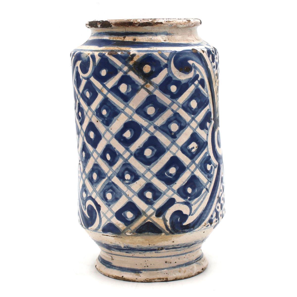 CILINDRO - CYLINDER Antique majolica decorated with geometric motifs in blue on &hellip;