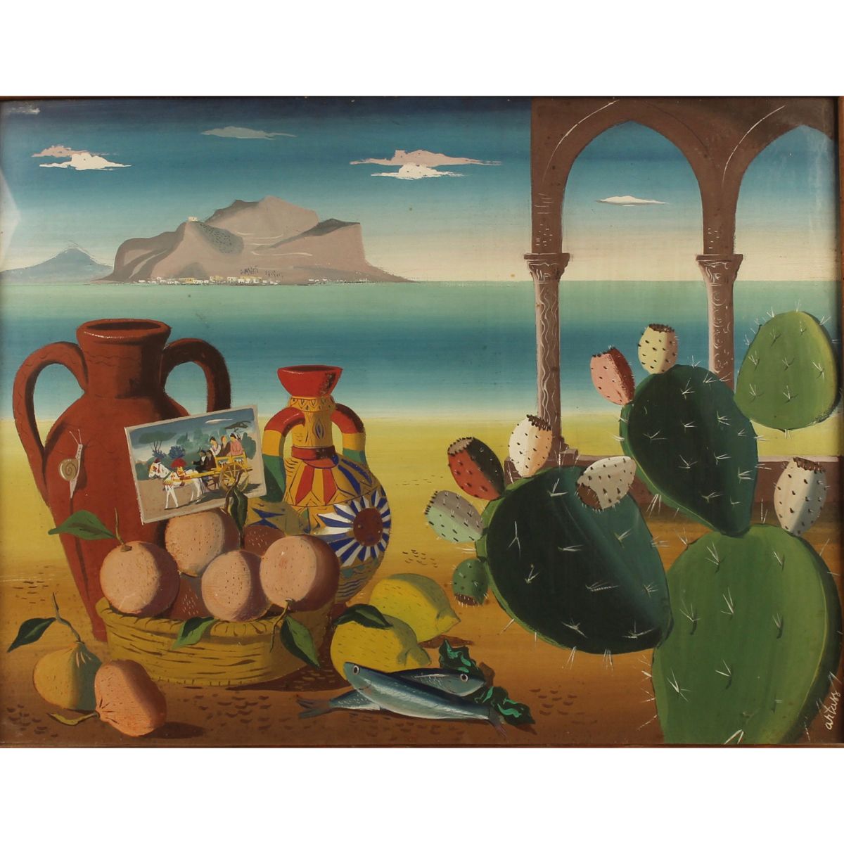 VEDUTA DI PALERMO - VIEW OF PALERMO Peinture à l'huile sur carton. 20ème siècle.&hellip;