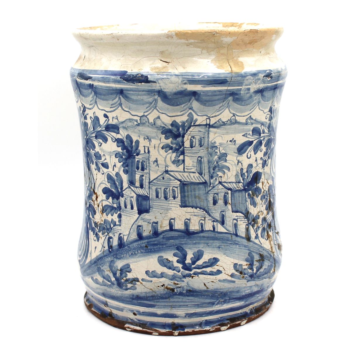 GRANDE CILINDRO - LARGE CYLINDER 古老的马乔利卡，装饰着蓝色的风景和农舍（修复）。阿布鲁佐。19世纪初。Cm H 29
饰有蓝色&hellip;