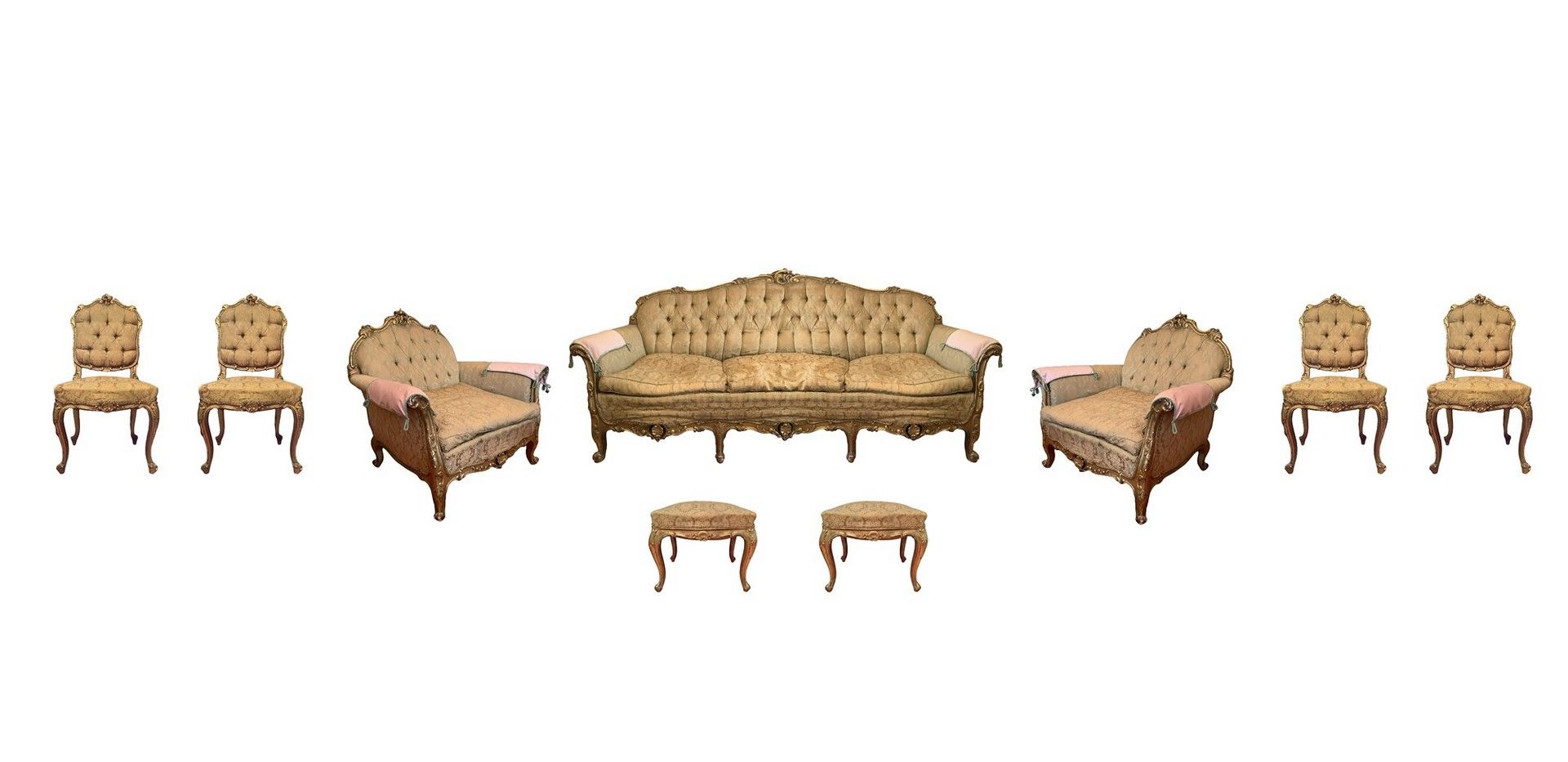 Null 镀金木客厅 , 20世纪中期 沙发100厘米 x 2米 x 50厘米，扶手椅90x60厘米，椅子高100x50厘米，沙发高40，长50x40厘米，角落&hellip;