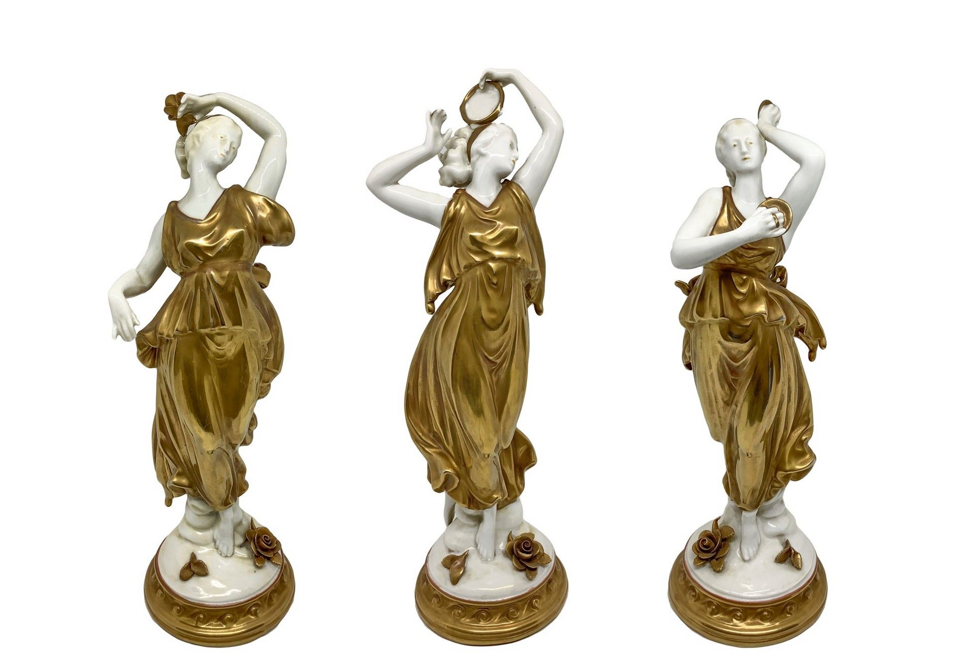 CAPODIMONTE N.3 Figurines in white and gilded porcelain depicting dancing women &hellip;