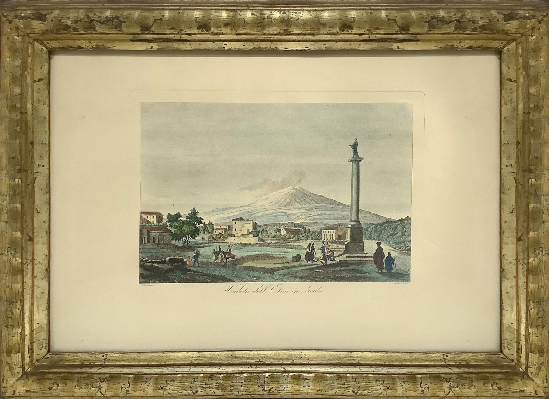 Null 西西里岛的埃特纳景观（卡塔尼亚的马蒂里广场），18世纪 棕褐色纸上的水彩蚀刻画 42x58厘米 镀金木框中