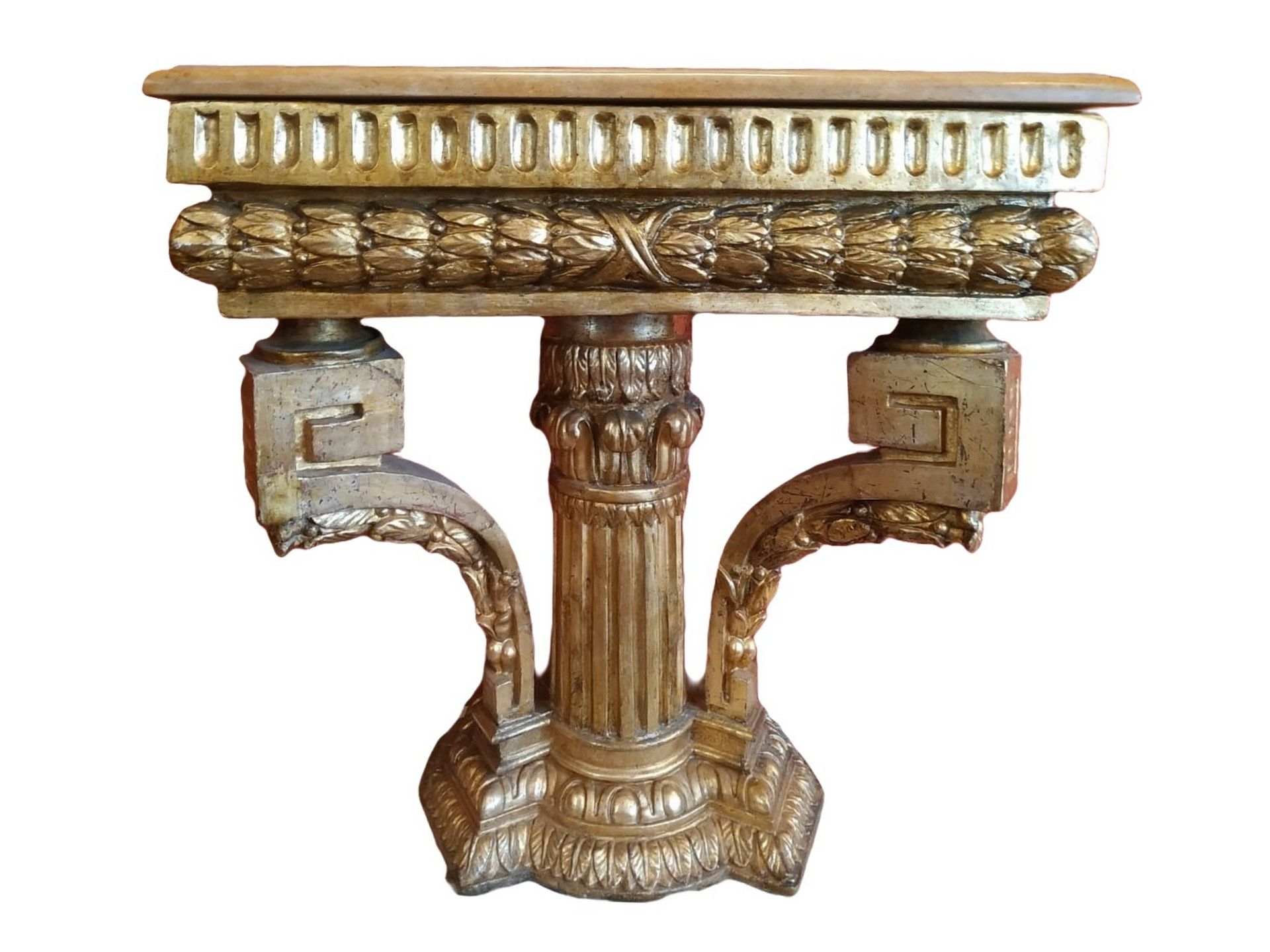 Null Console a colonna in legno dorato con foglia, con marmo sul piano, inizio X&hellip;