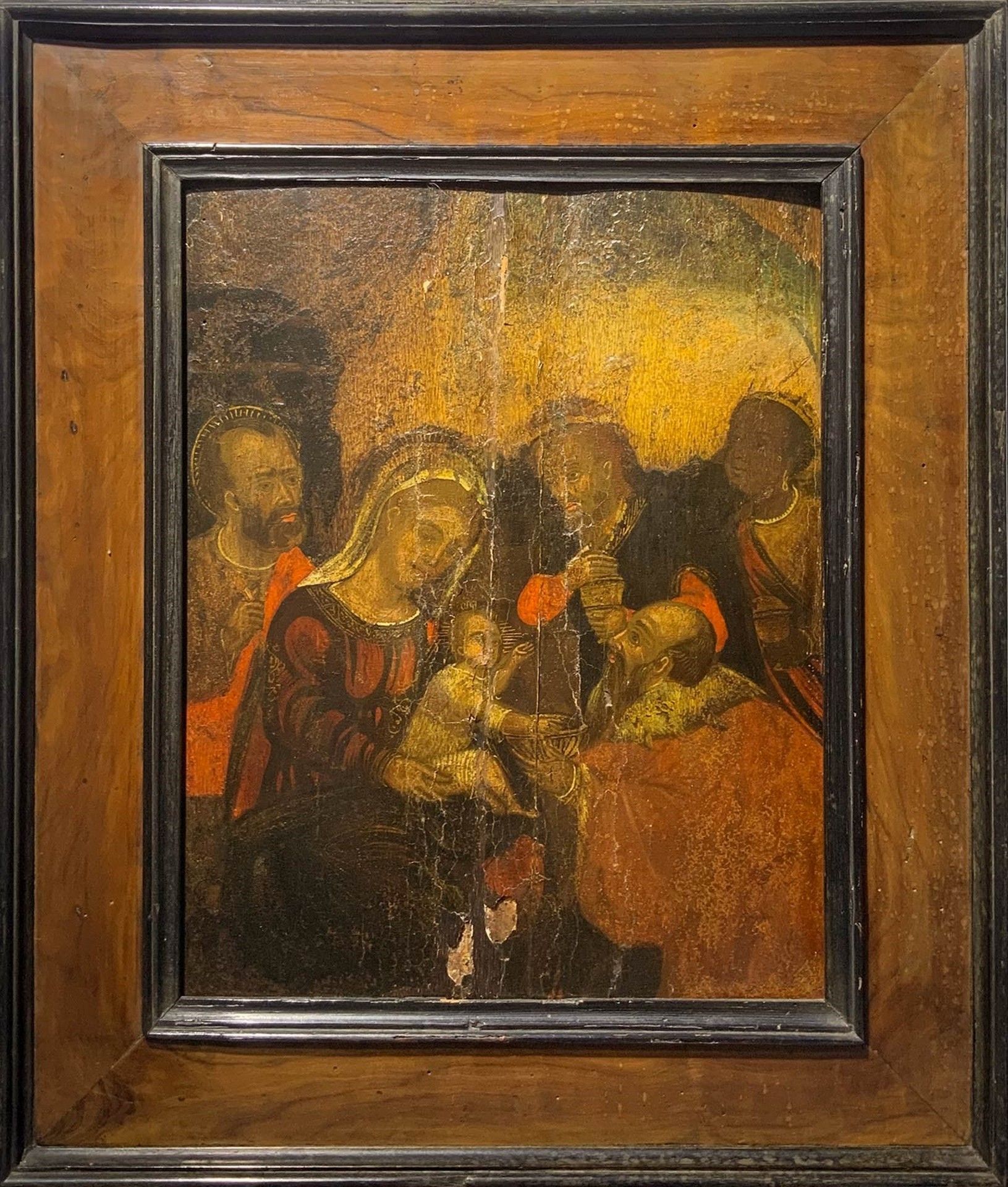 Null 威尼斯-克里特大师的圣像，描绘的是麦琪的崇拜，十六世纪，冷杉木上的淡彩画，长36x29。框内为53x46厘米。小小的色滴。