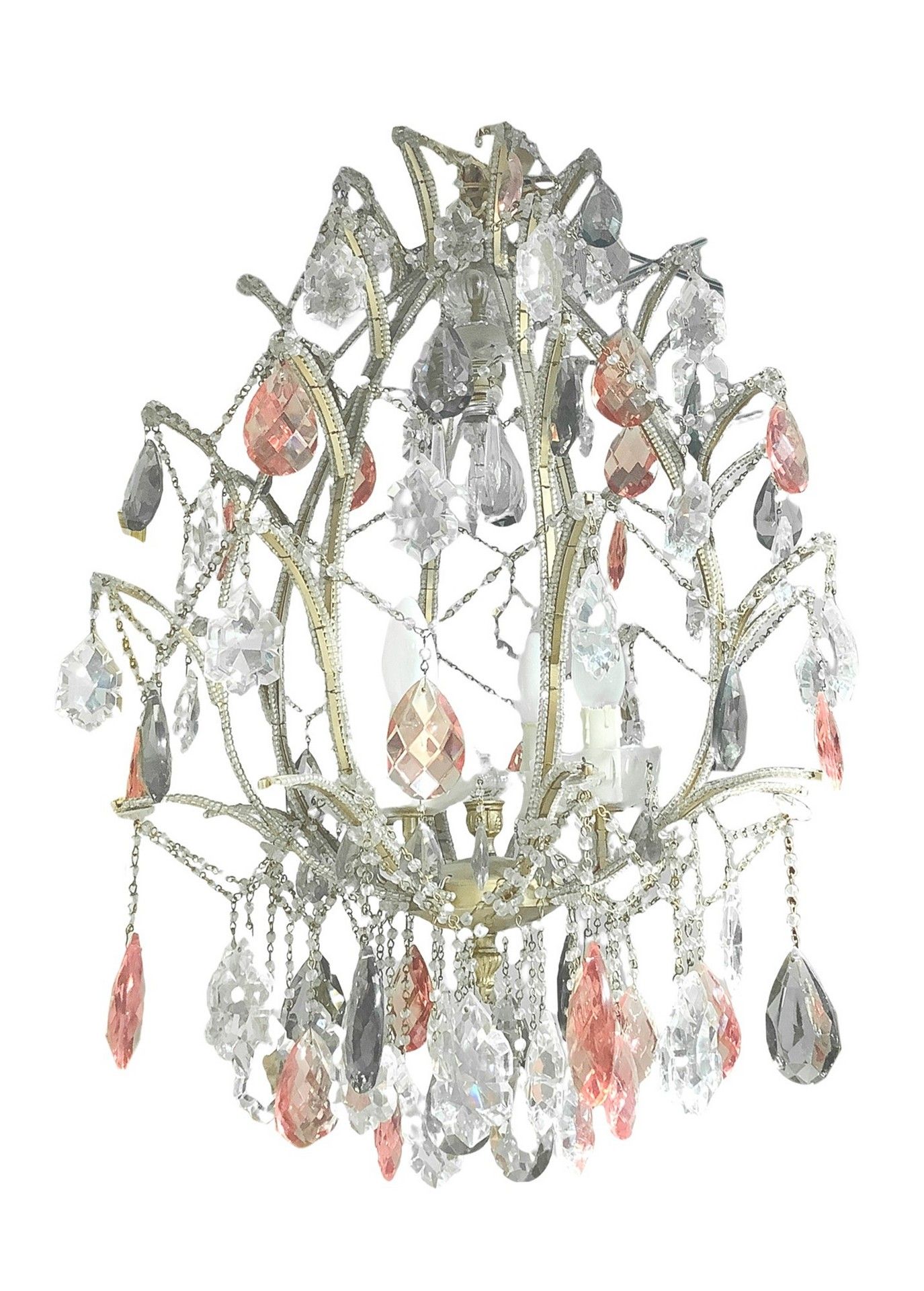 Null 金属结构的吊灯，高70厘米，长55厘米，有珠子和五彩的吐司
