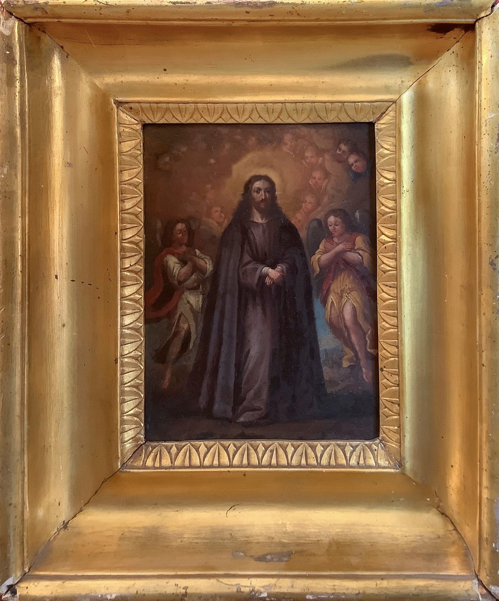 Null 基督与天使和撒拉弗，十八世纪 虔诚的铜质油画 20x15厘米，框架33x28厘米 

18世纪的画家。