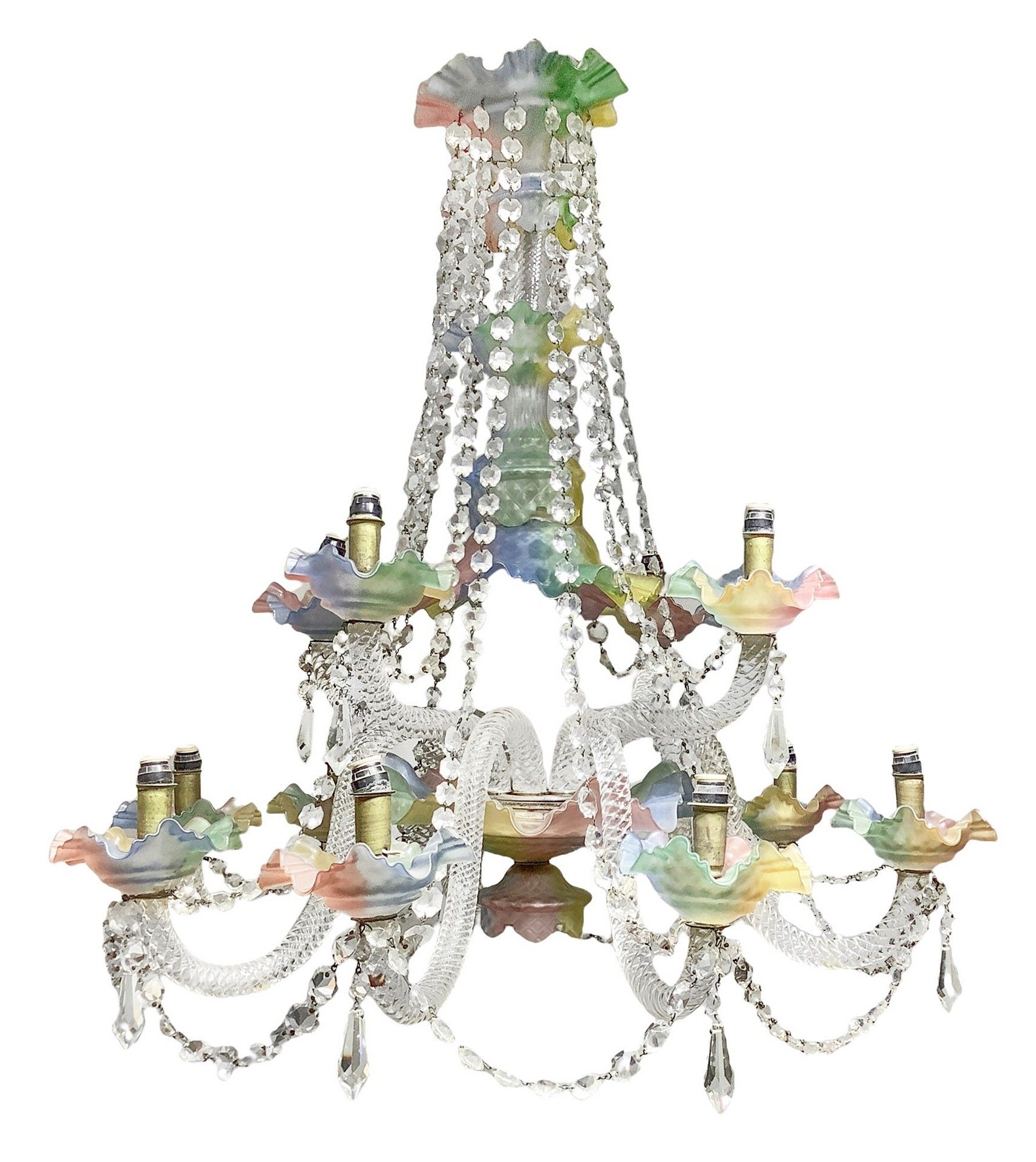 Null 优雅的巴卡拉水晶吊灯，透明水晶托臂，彩色玻璃碟和玫瑰花托，12盏灯，十九世纪 长90厘米，高80厘米