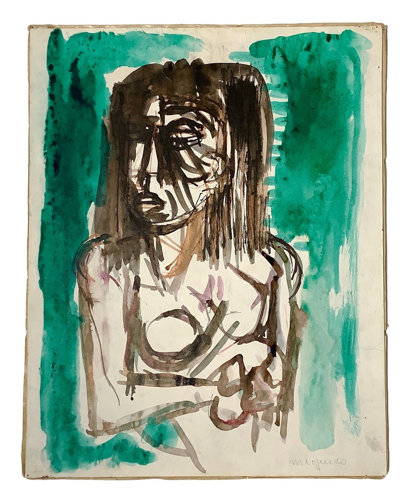 Migneco, Giuseppe 女人的半身像 纸上淡彩画，涂在纸板上 28X22厘米 

签名右下：Migneco。出处 墨西拿70号当代艺术画廊。作品没有&hellip;