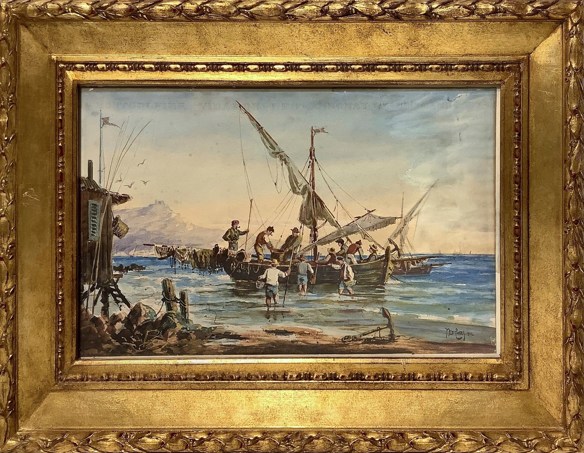 Catti, Michele 有船和渔民的码头，1900年 以水彩画在纸上，高27厘米，底44厘米。在框架中。高43.5厘米 x 底座60厘米 右下方有签名和日&hellip;