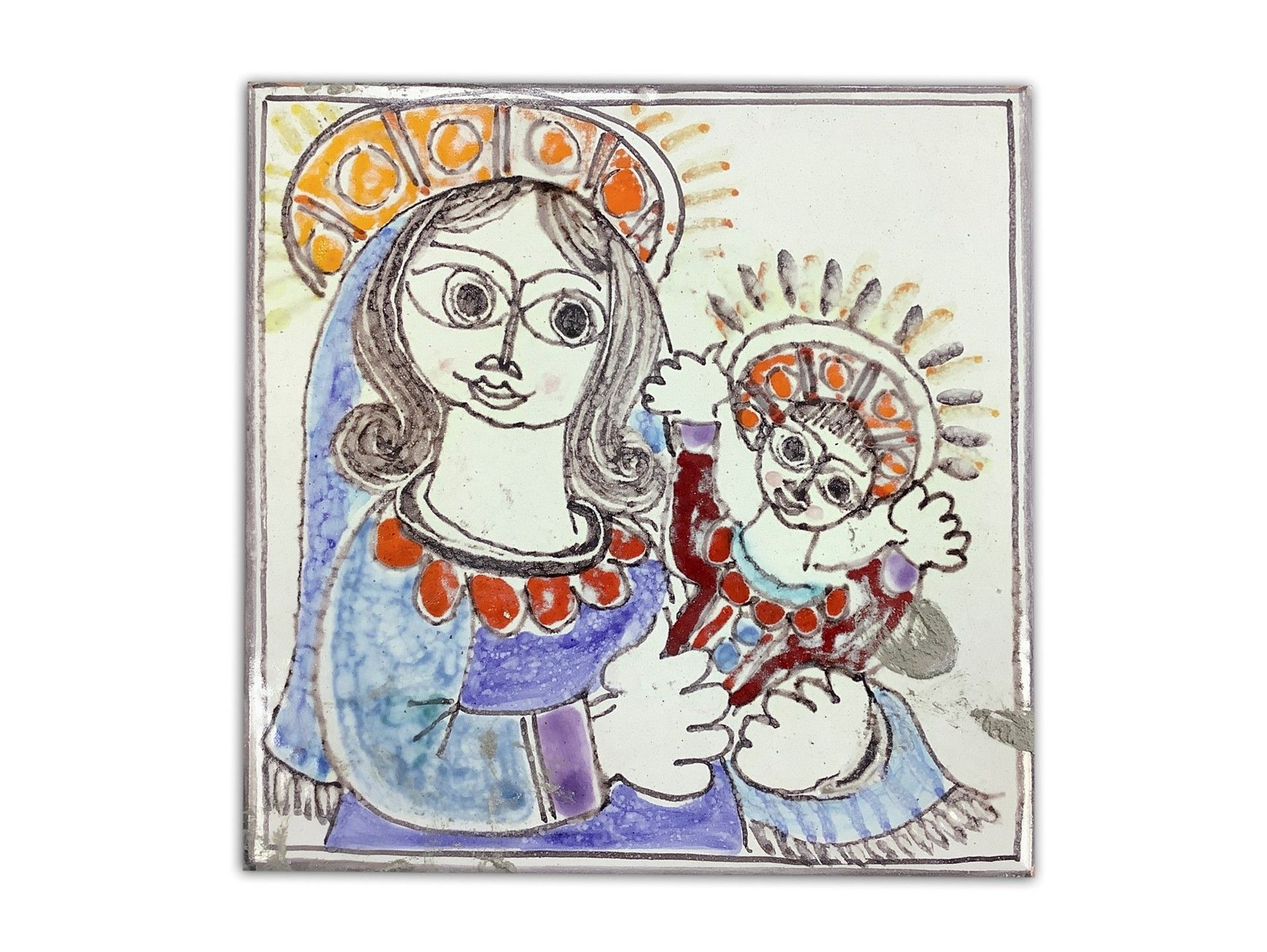 De Simone 描绘圣母玛利亚和儿童的马约利卡瓷砖，60年代，20x20厘米