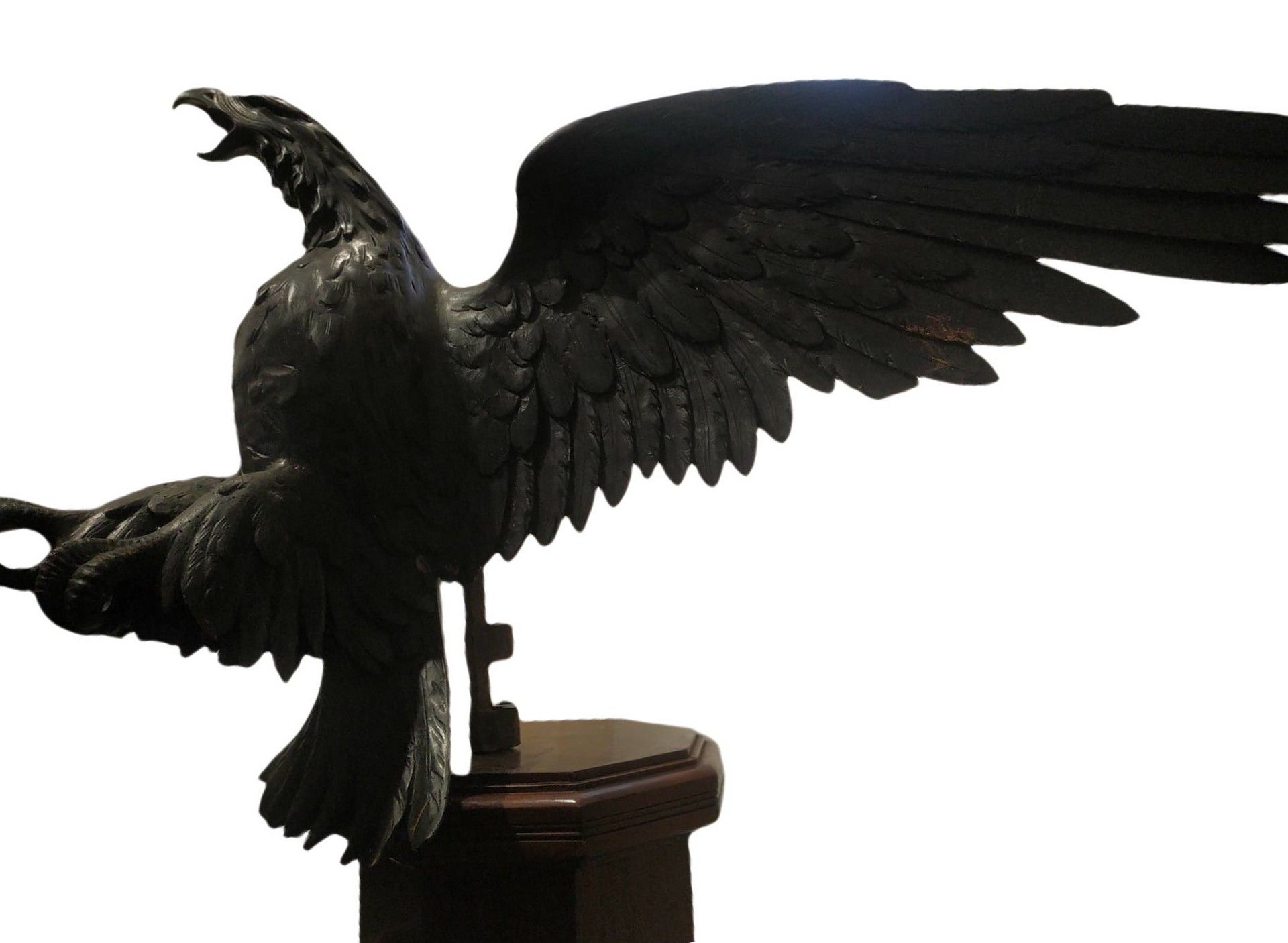 Null Eagle in dark patinated wood Walnut wood sculpture h 80 cm, wingspan 100 cm