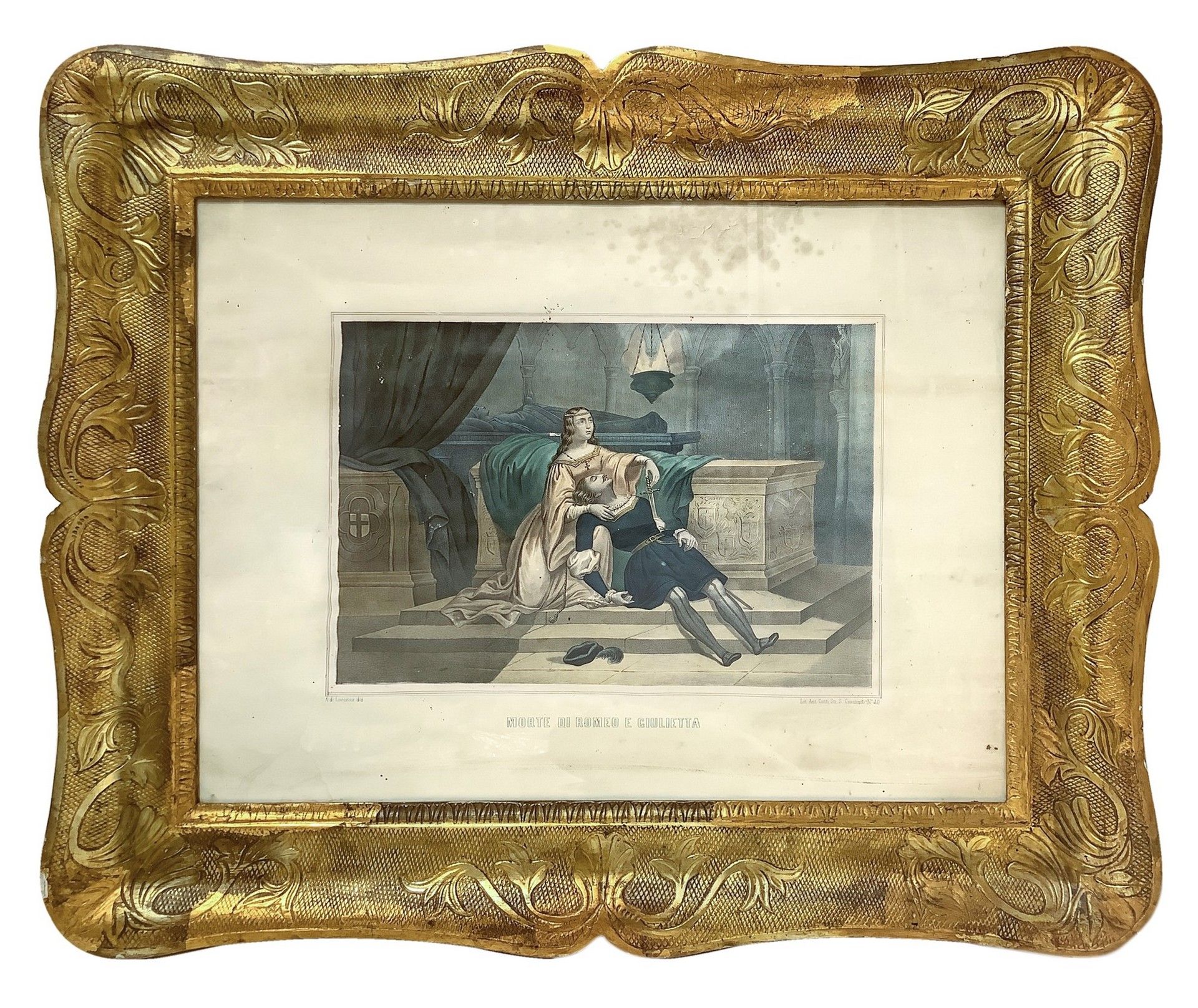 Null 罗密欧与朱丽叶之死 , 十九世纪 新闻界 在框架中 74x90厘米 在一个美丽的西西里框架中，有一个金色的托盘与银叶和混合物。