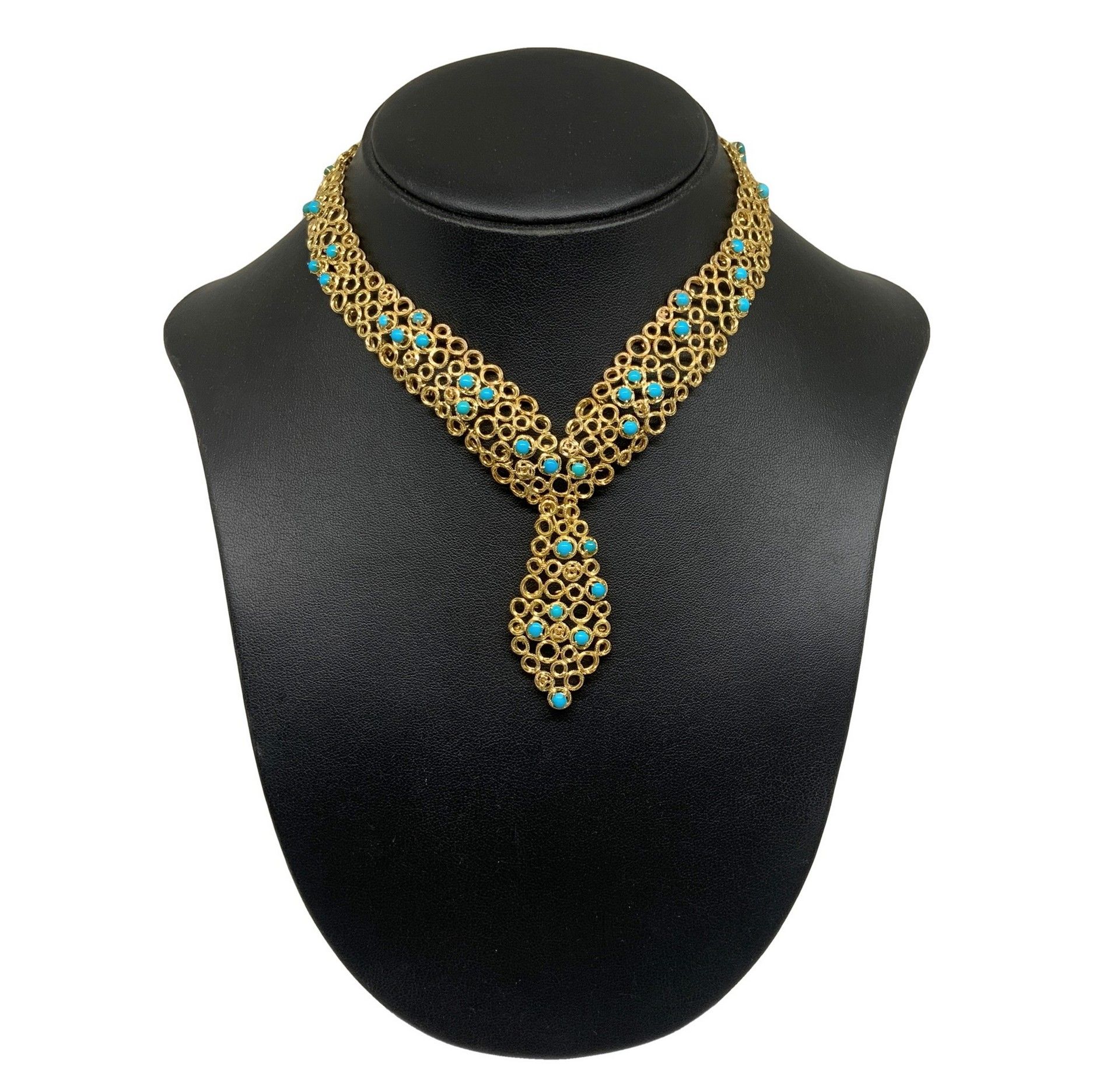 Null Gold and turquoise necklace , 20th century 83.6 g Rich semi-rigid processin&hellip;