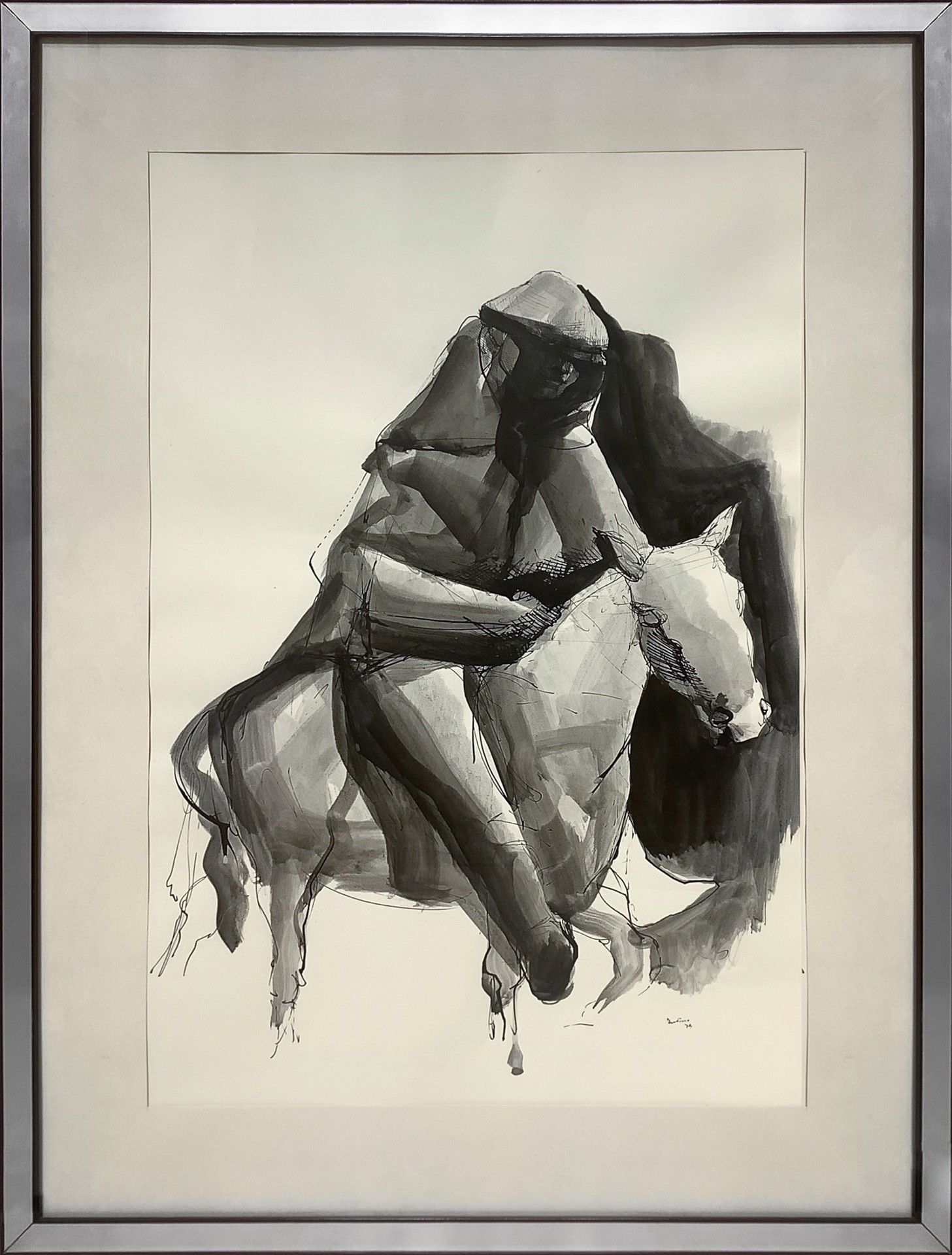Tudisco, Domenico 骑驴的人，1974年 以瓷器和墨水画在纸上 65x45厘米，有框架 84x64厘米 签名：Tudisco 74