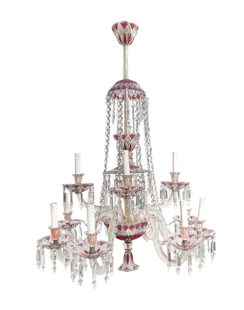 BACCARAT 重要而优雅的透明和酒红色水晶吊灯，有12个灯，19世纪h.125x68