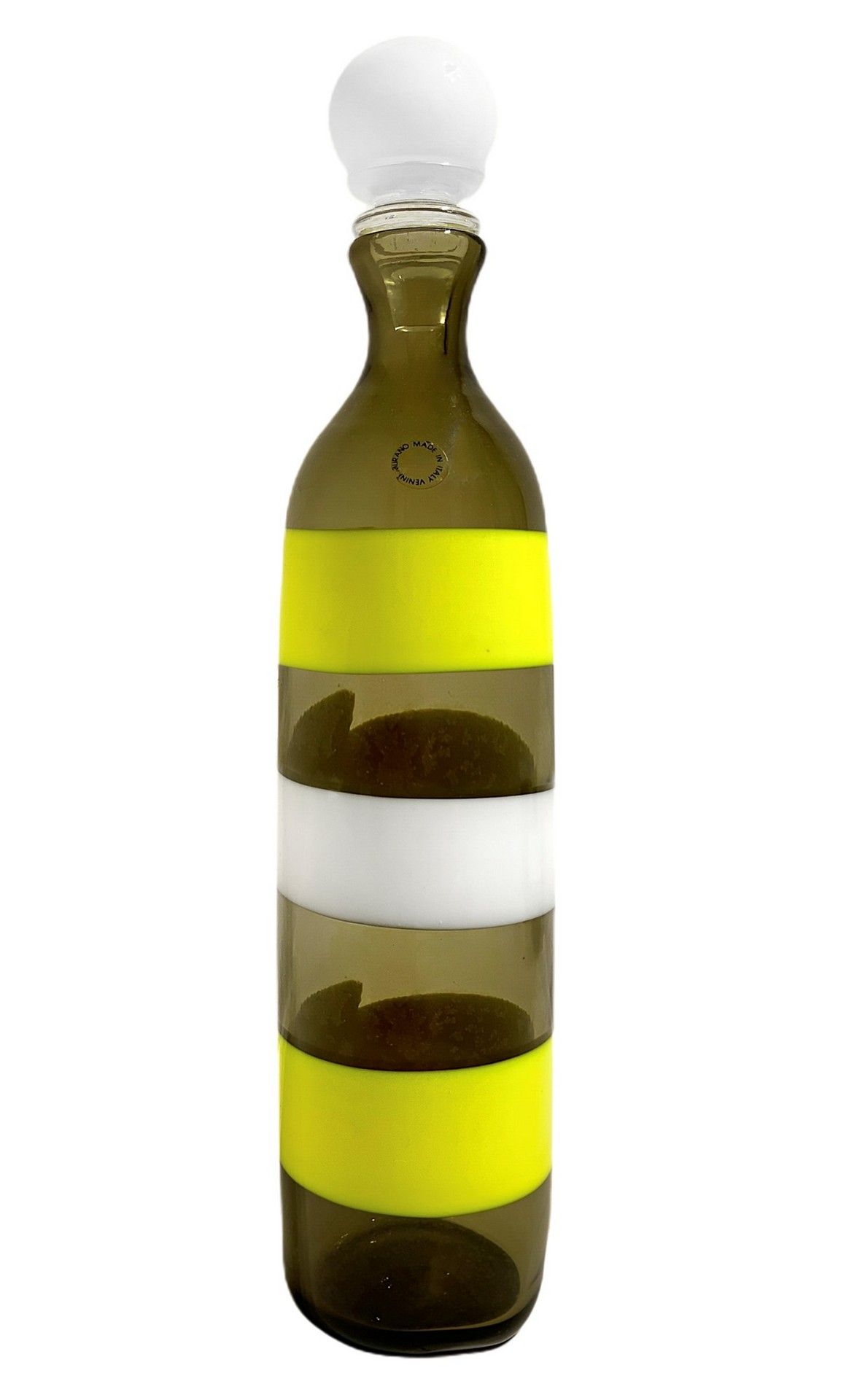 VENINI 瓶子，1983/1987，高35.5厘米，由Fulvio Bianconi设计，灰褐色，带有黄色和白色阴影的玻璃粘贴带。