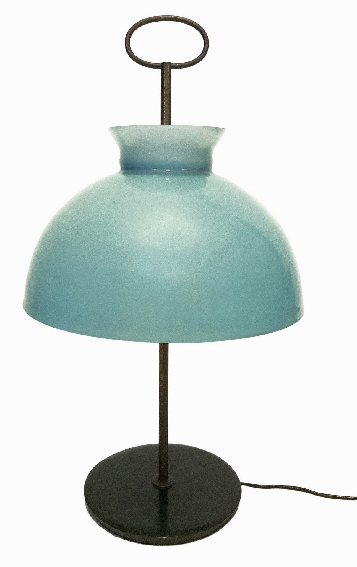 ADRASTEIA 镀膜玻璃台灯，20世纪50年代。高60，直径34厘米，水绿色调，抛光黄铜结构，黑色比利时大理石底座。